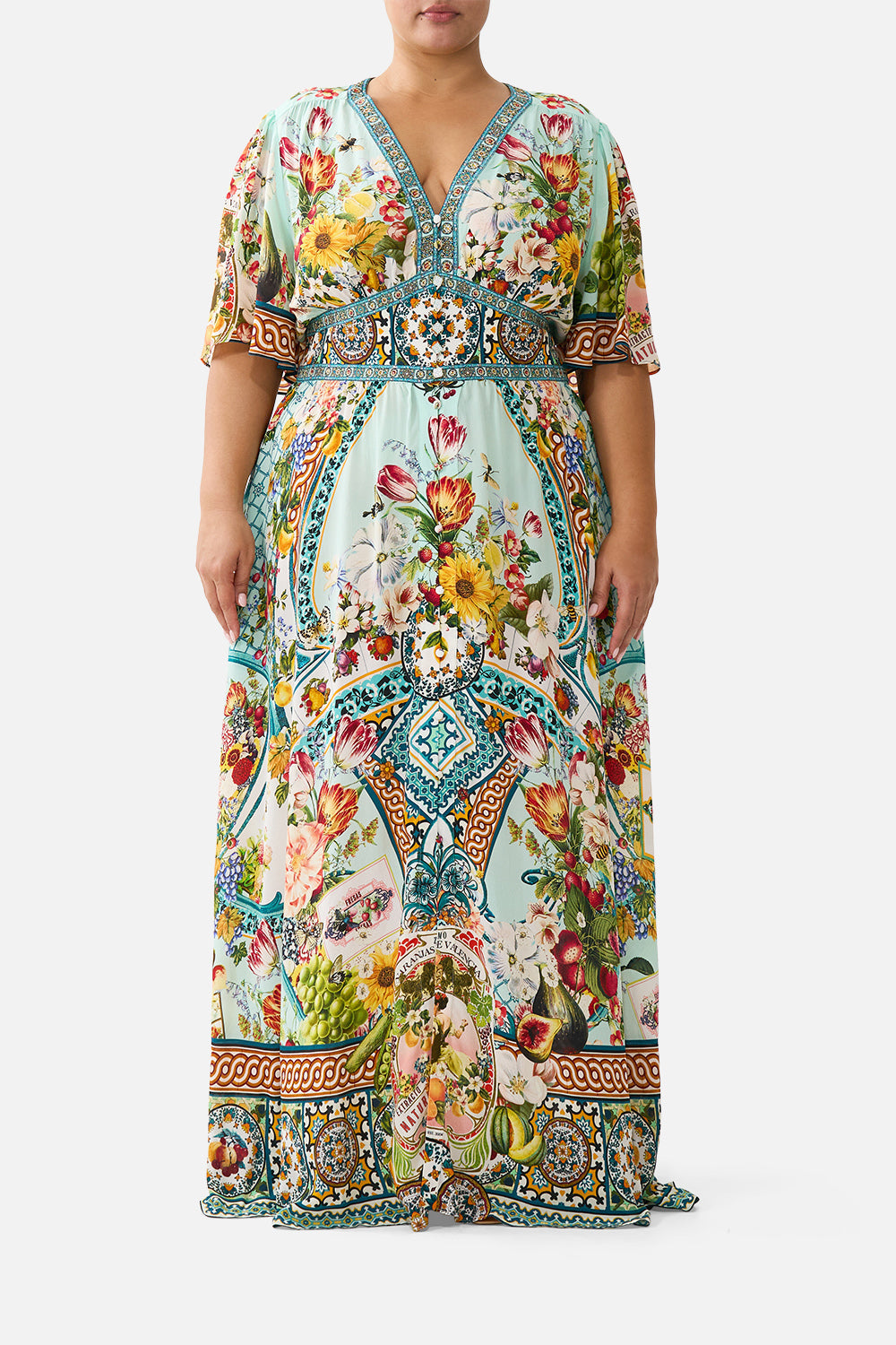 The CAMILLA KIMONO SLEEVE DRESS WITH SHIRRING DETAIL LACED WITH LOVE in our LACED WITH LOVE print.