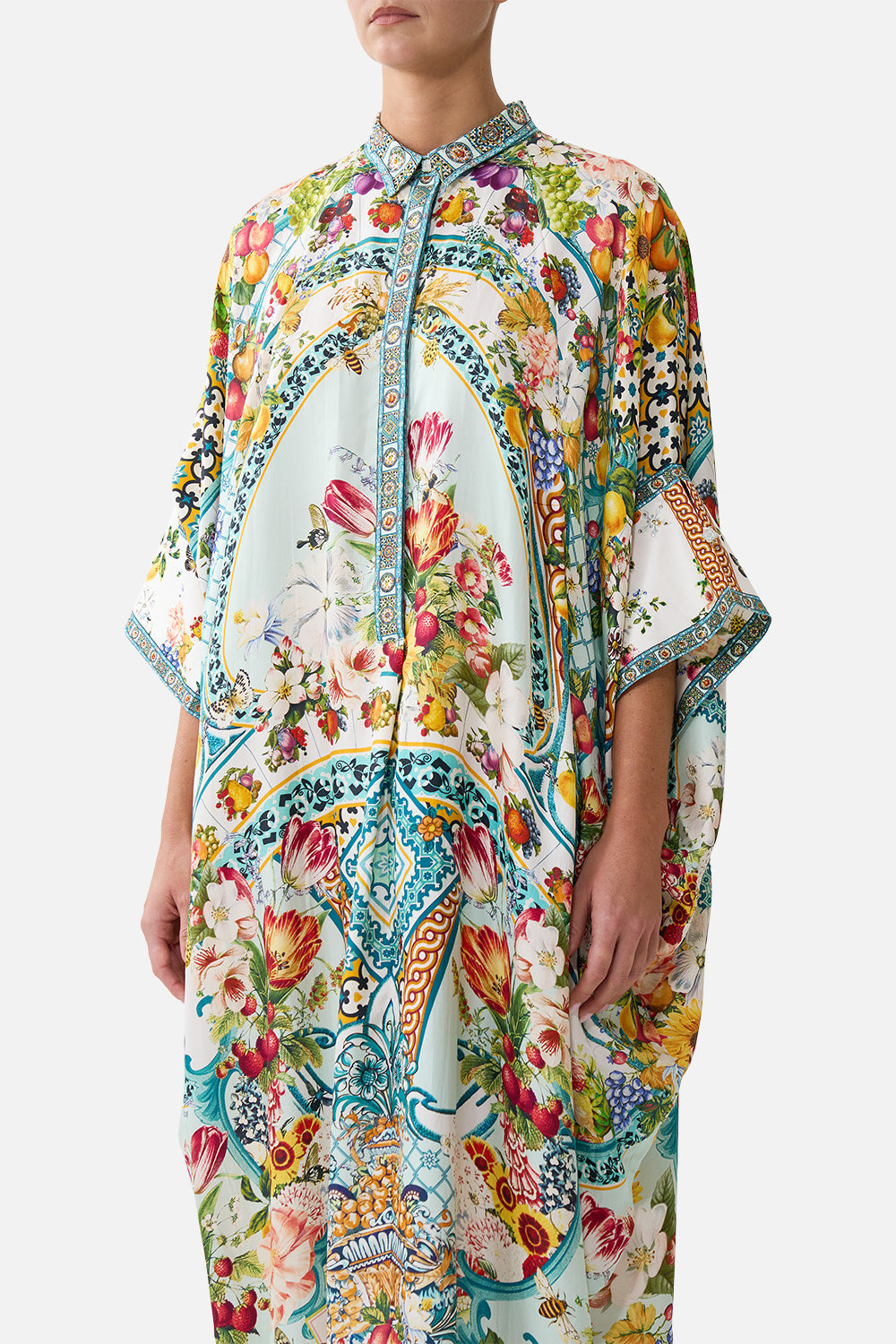 The CAMILLA GATHERED JERSEY LONG DRESS FIESTA, SIESTA, REPEAT in our  print.