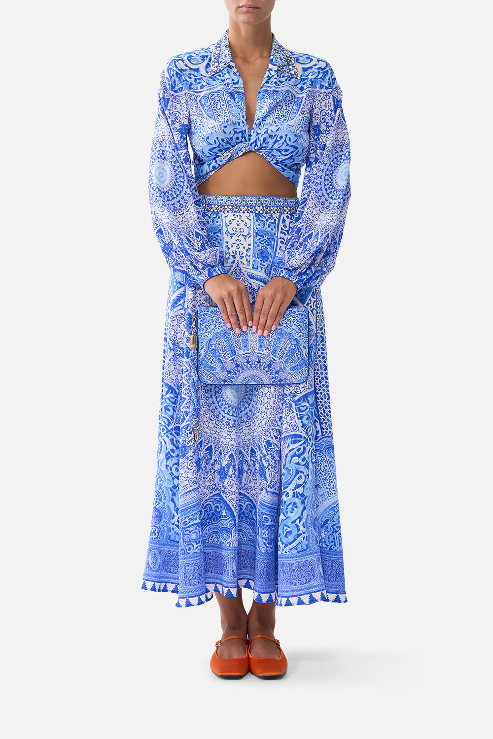 The CAMILLA RUFFLE HIGH LOW DRESS WITH LONG SLEEVE NAZAR NIRVANA in our  print.