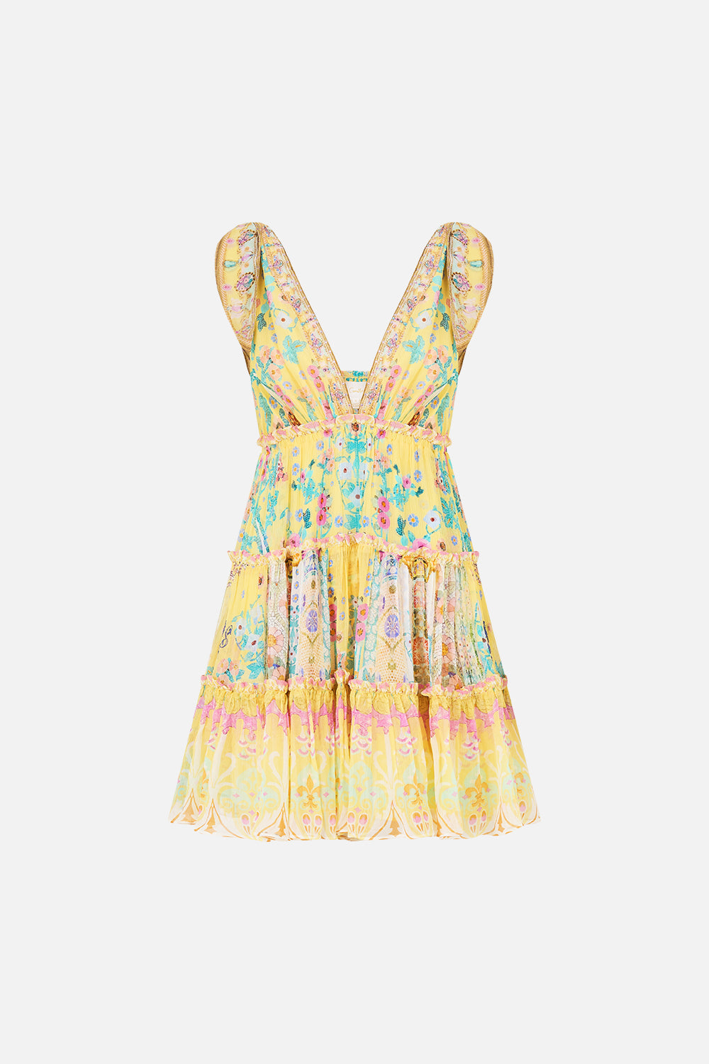 The CAMILLA tiered short dress with shoulder ties in our print Barcelona Bebé. Front view.