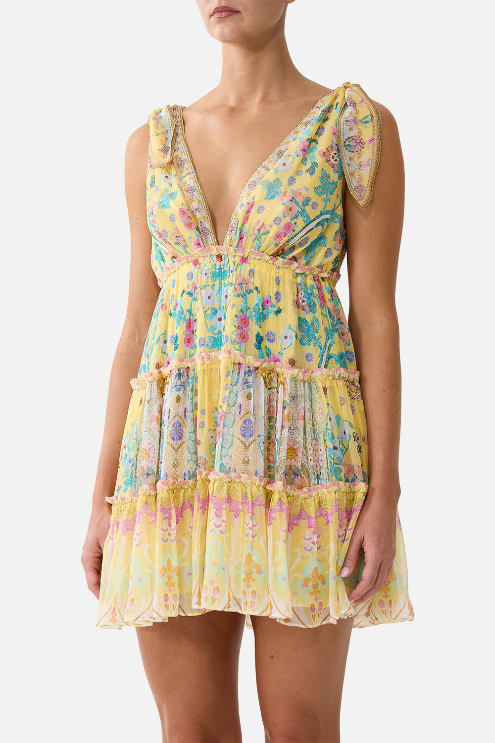 The CAMILLA tiered short dress with shoulder ties in our print Barcelona Bebé.