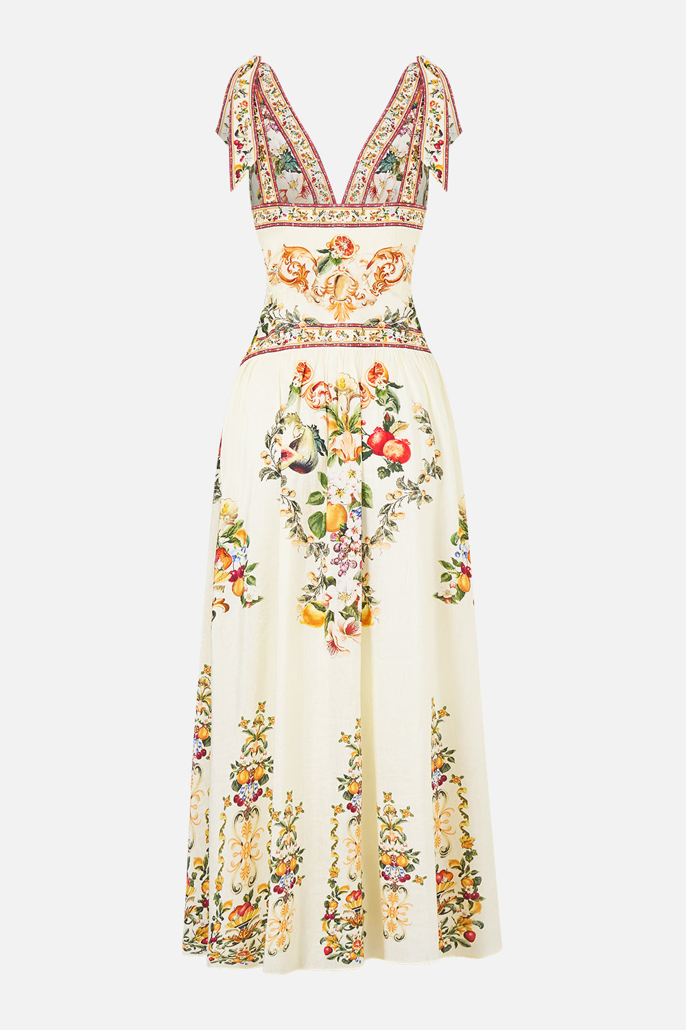 The CAMILLA LONG SARONG W TIE WAIST AND FRILL EDGE LIVIN LA VIDA ROSA in our  print.