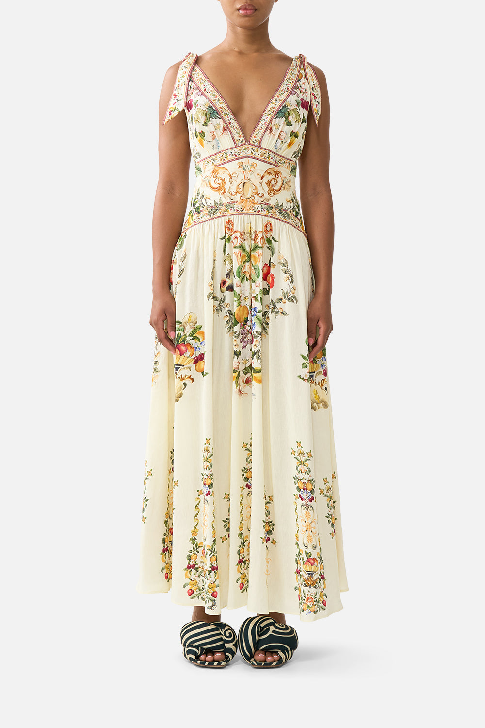 The CAMILLA LONG SARONG W TIE WAIST AND FRILL EDGE LIVIN LA VIDA ROSA in our  print.