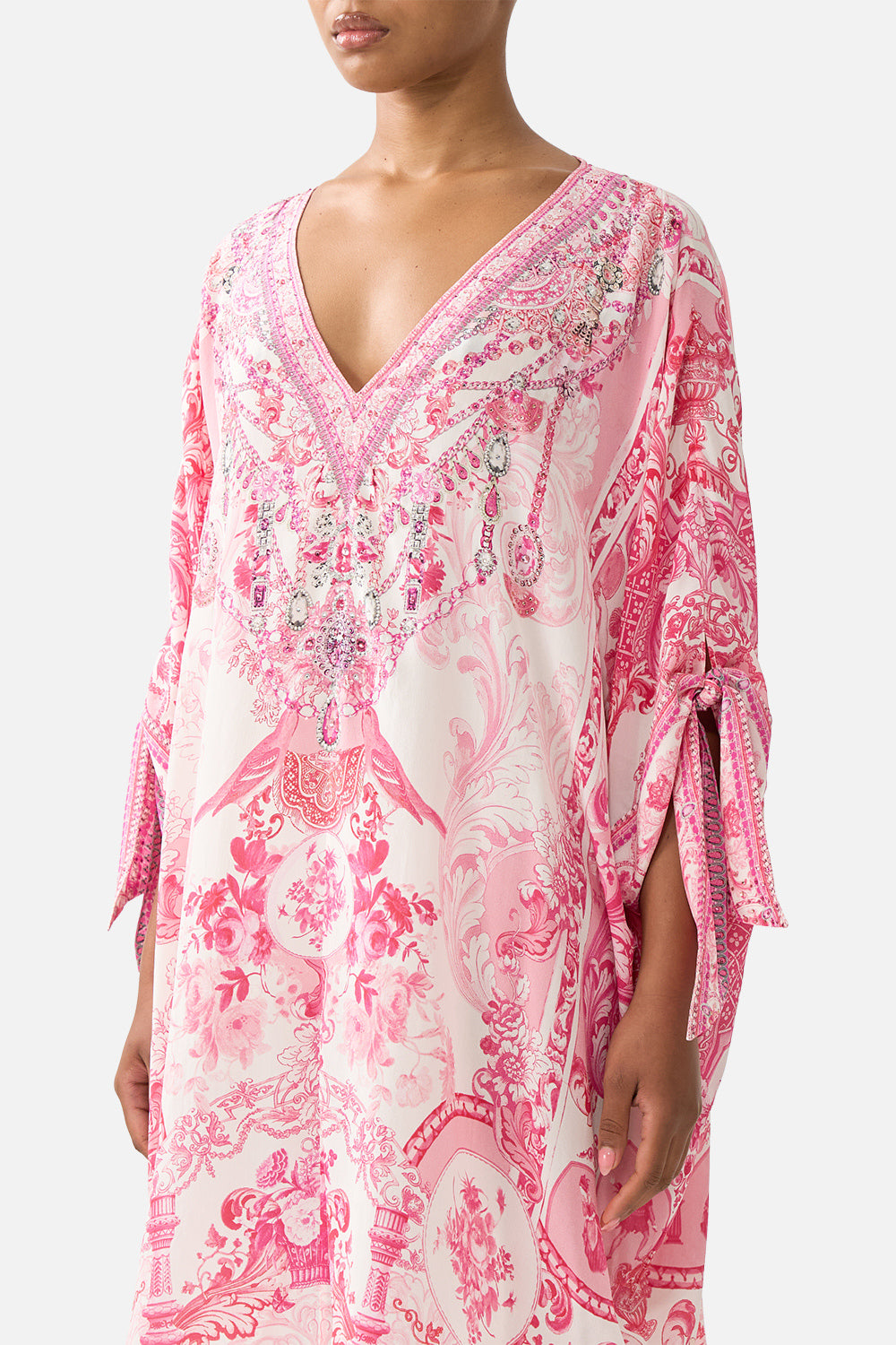 The CAMILLA PLUNGE NECK DRAPED SHOULDER DRESS THE SECESSION SESSIONS in our  print.