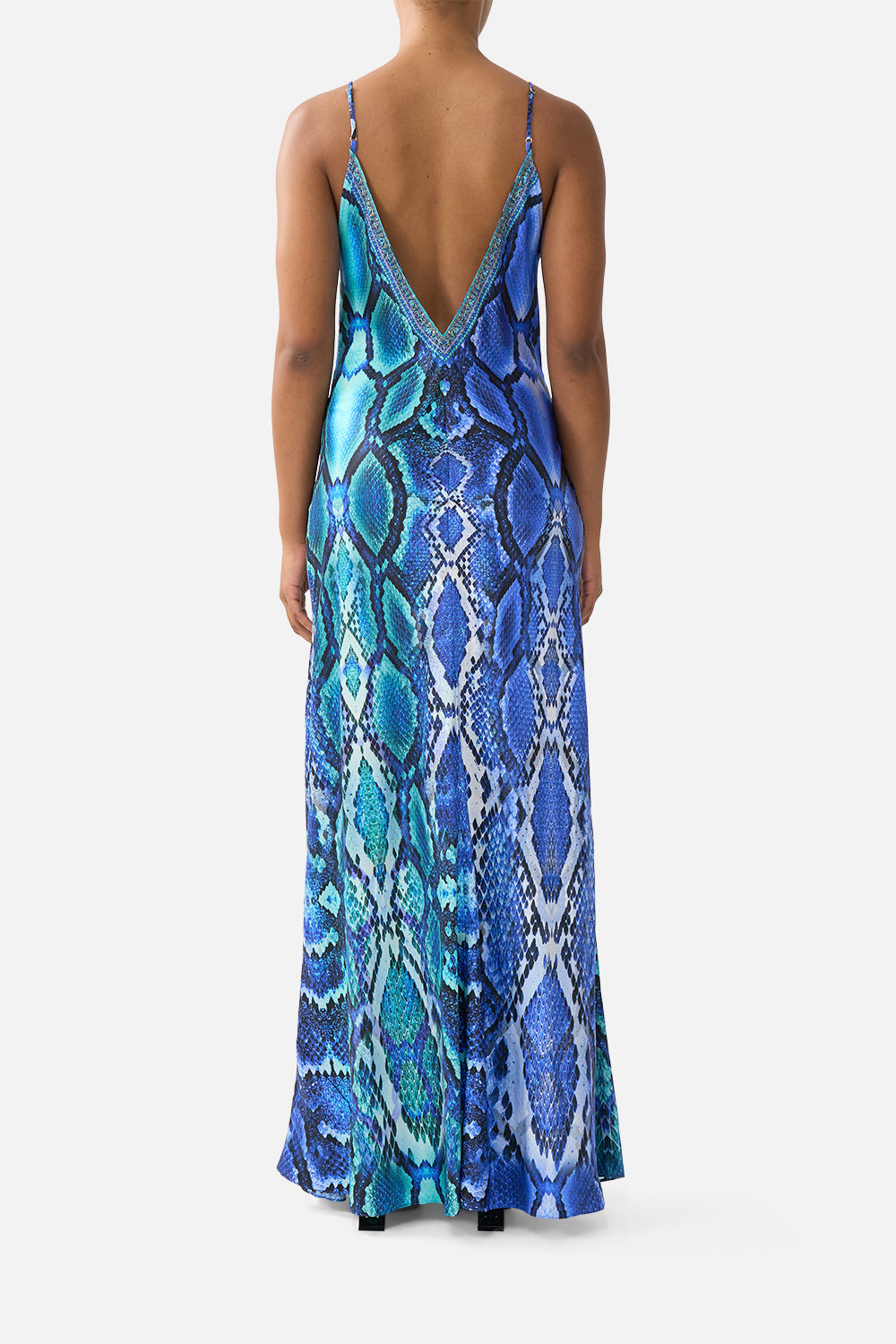 V NECK FULL LENGTH BIAS SLIP DRESS THE SAPPHIRE SERPENT