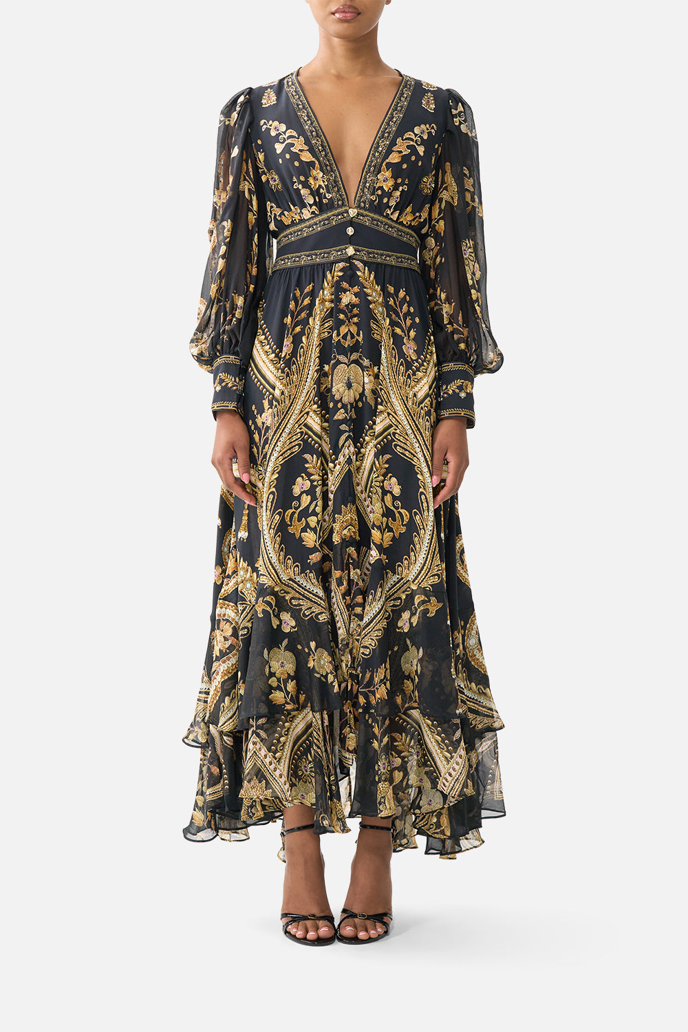 The CAMILLA FLARED JUMPSUIT WANDERLUST EMPIRE in our  print.