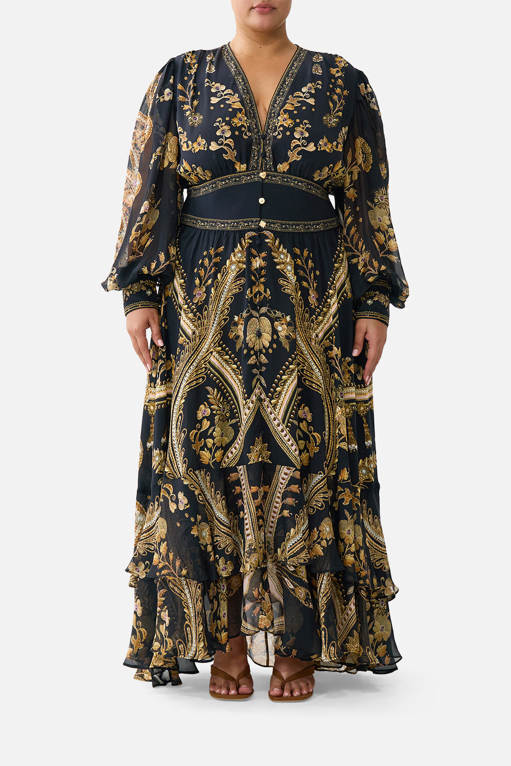 The CAMILLA LONG BUTTON FRONT DRESS ART FOR THE EMPRESS in our  print.