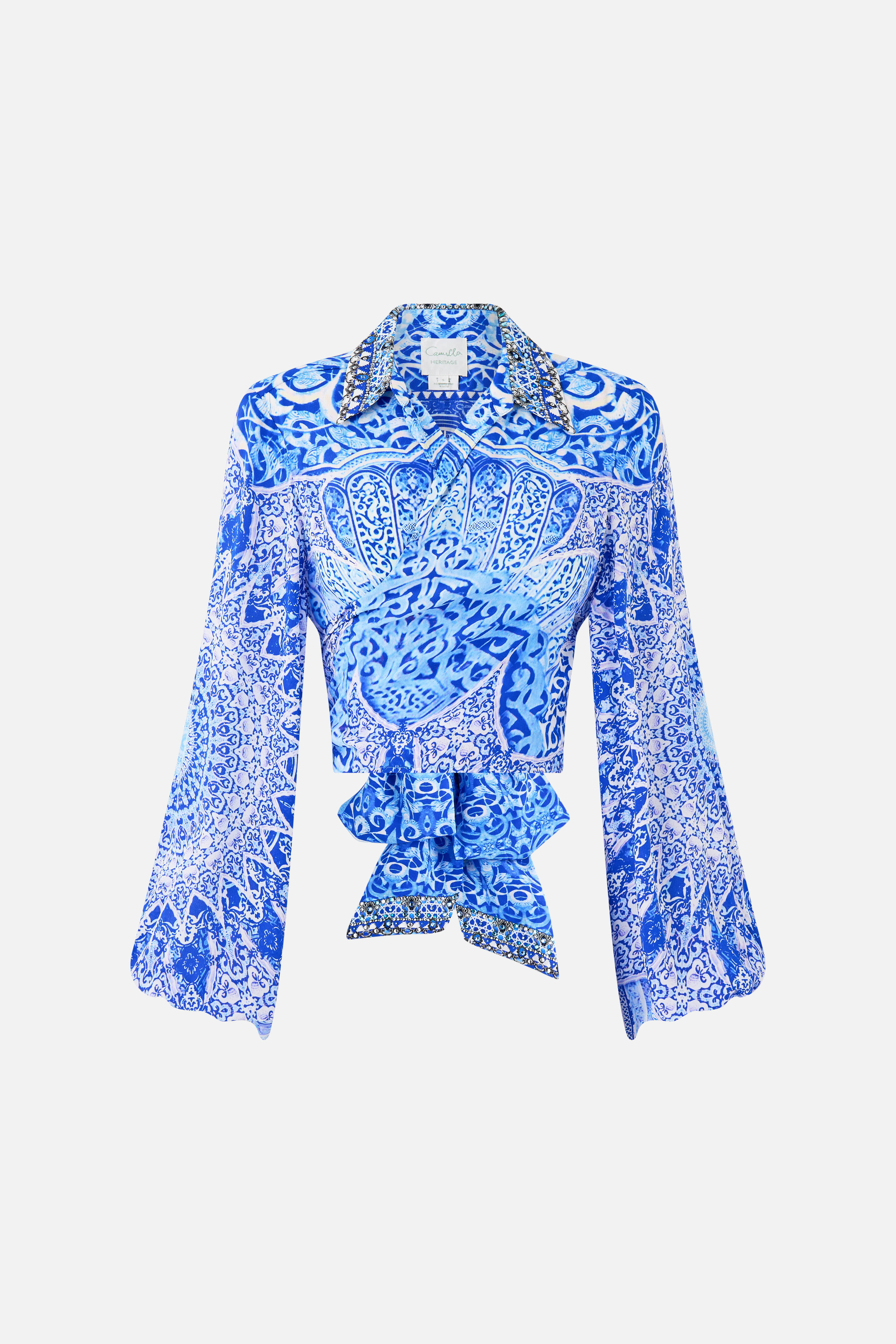 The CAMILLA LONG SLEEVE GATHERED DRESS WITH TRAIN AMULETS AND ALCHEMY in our  print.