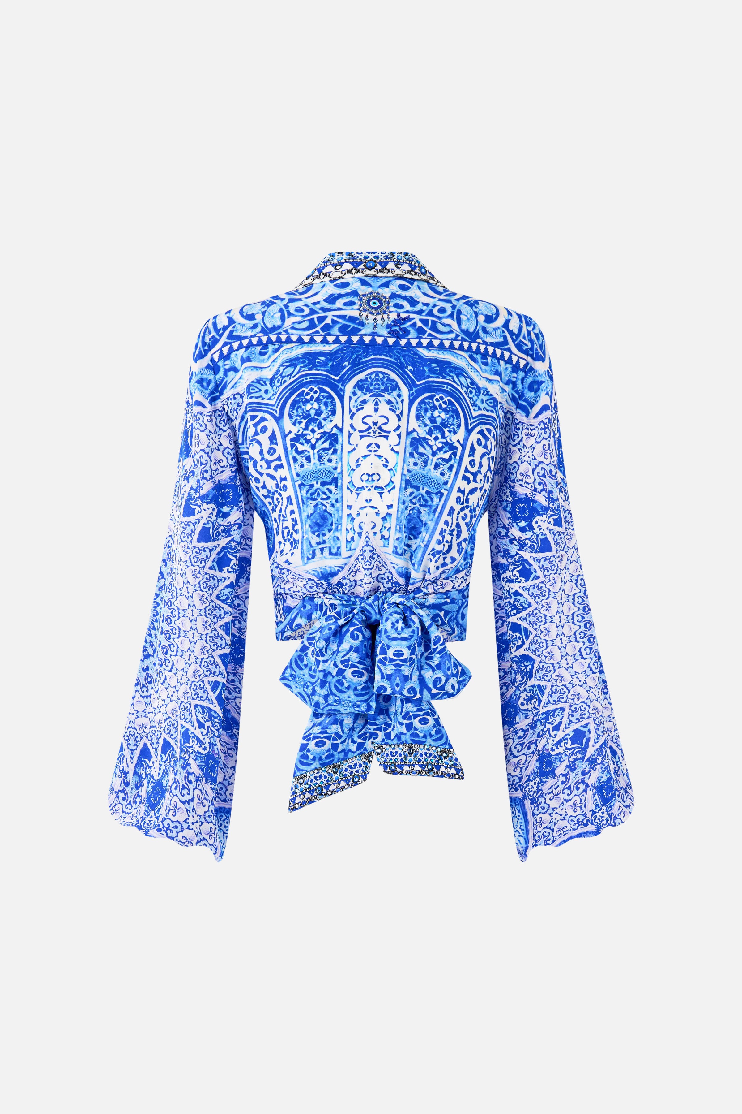 The CAMILLA LONG SLEEVE GATHERED DRESS WITH TRAIN AMULETS AND ALCHEMY in our  print.