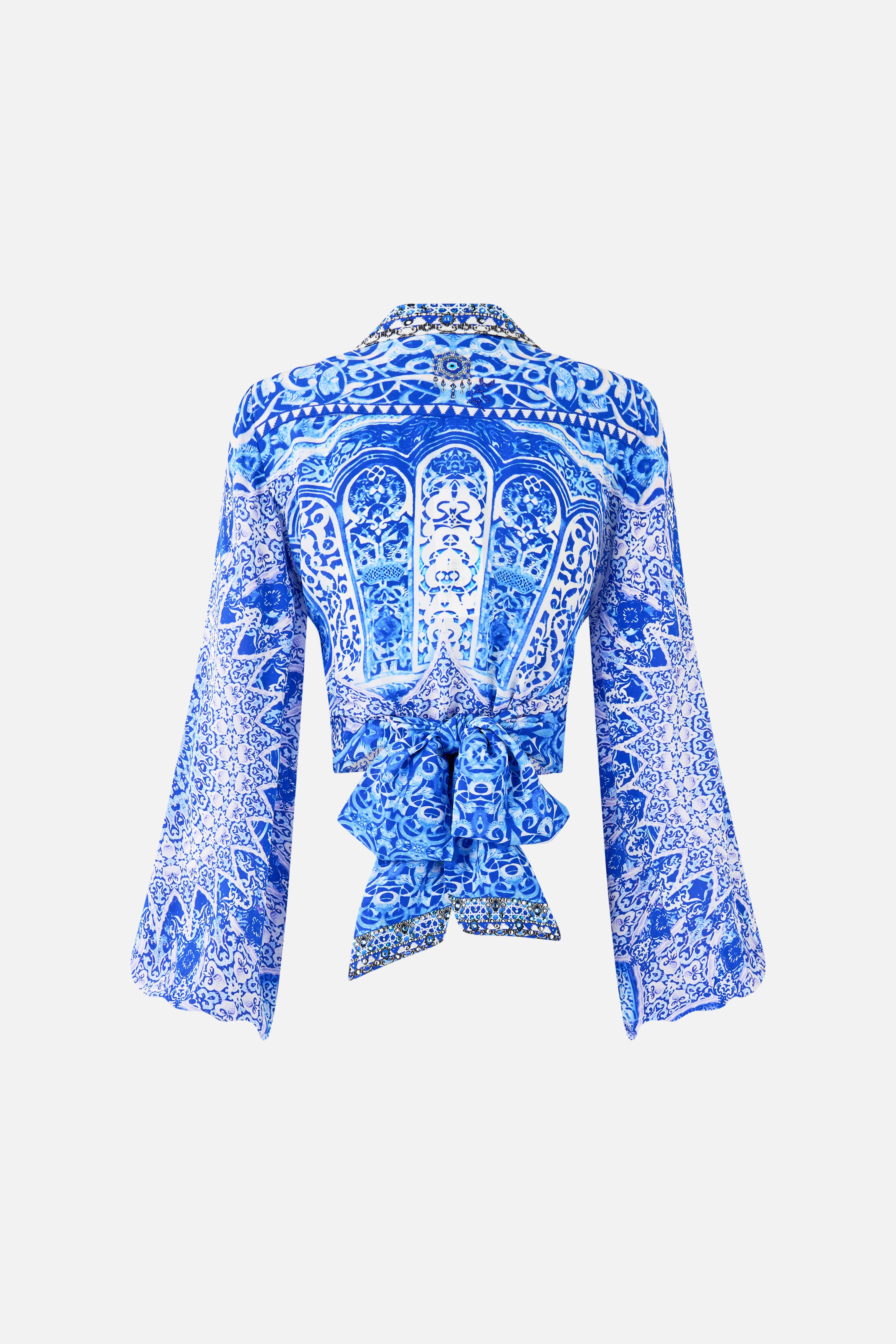 The CAMILLA LONG SLEEVE GATHERED DRESS WITH TRAIN AMULETS AND ALCHEMY in our  print.