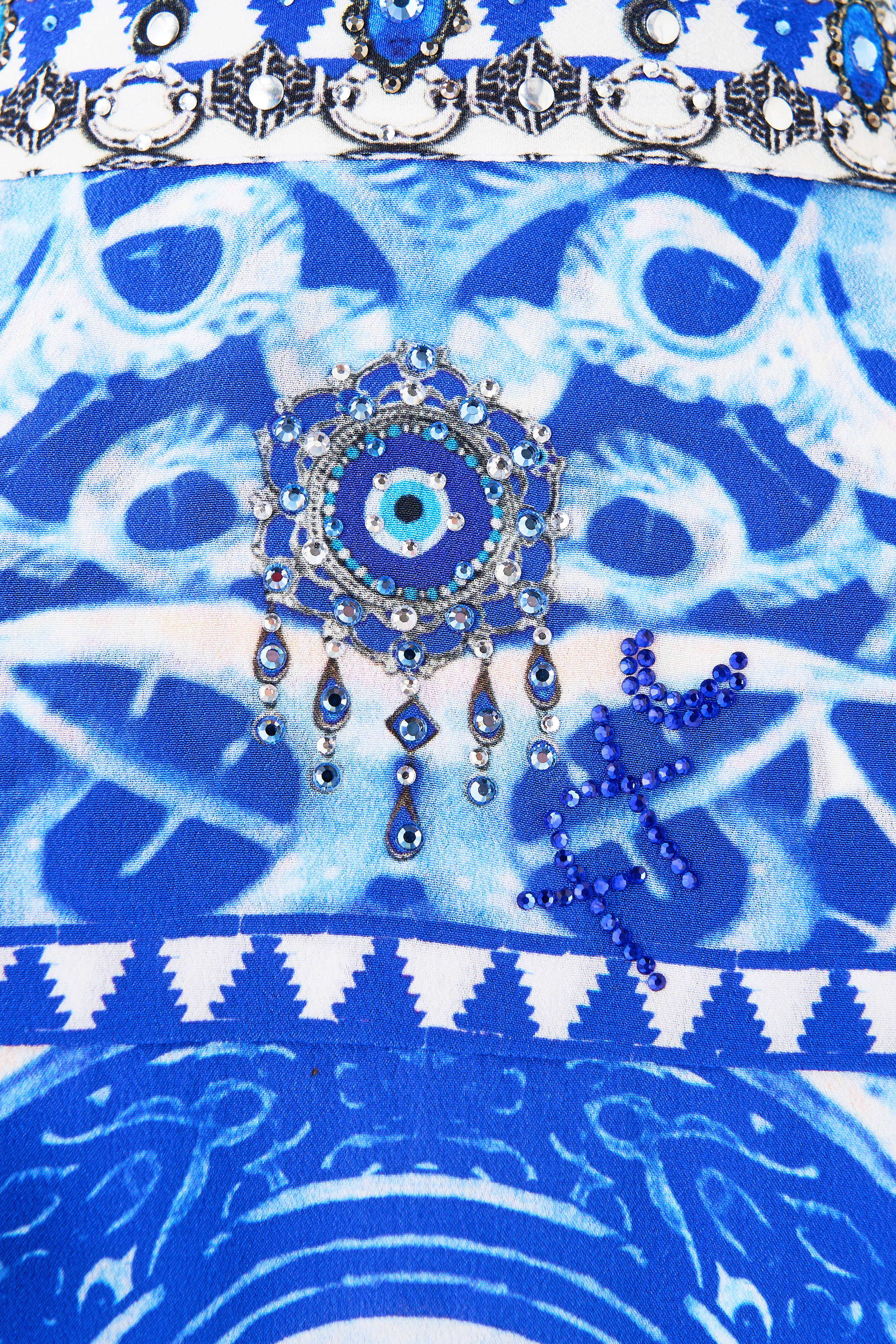 The CAMILLA LONG SLEEVE GATHERED DRESS WITH TRAIN AMULETS AND ALCHEMY in our  print.