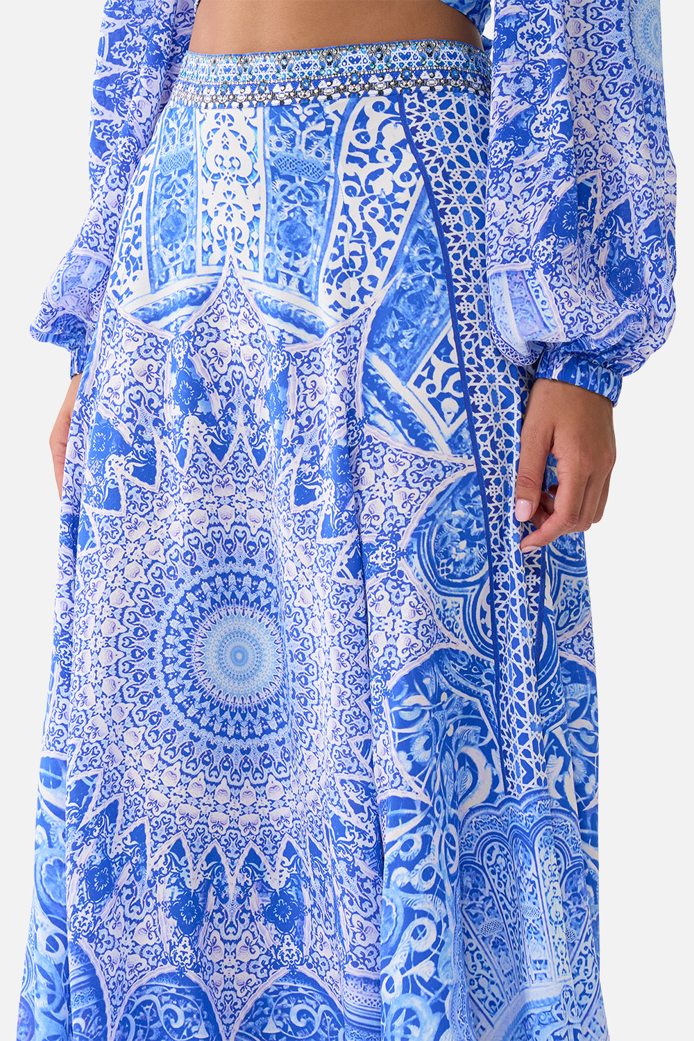 The CAMILLA FRILL NECK DRESS WITH HARDWARE NAZAR NIRVANA in our  print.