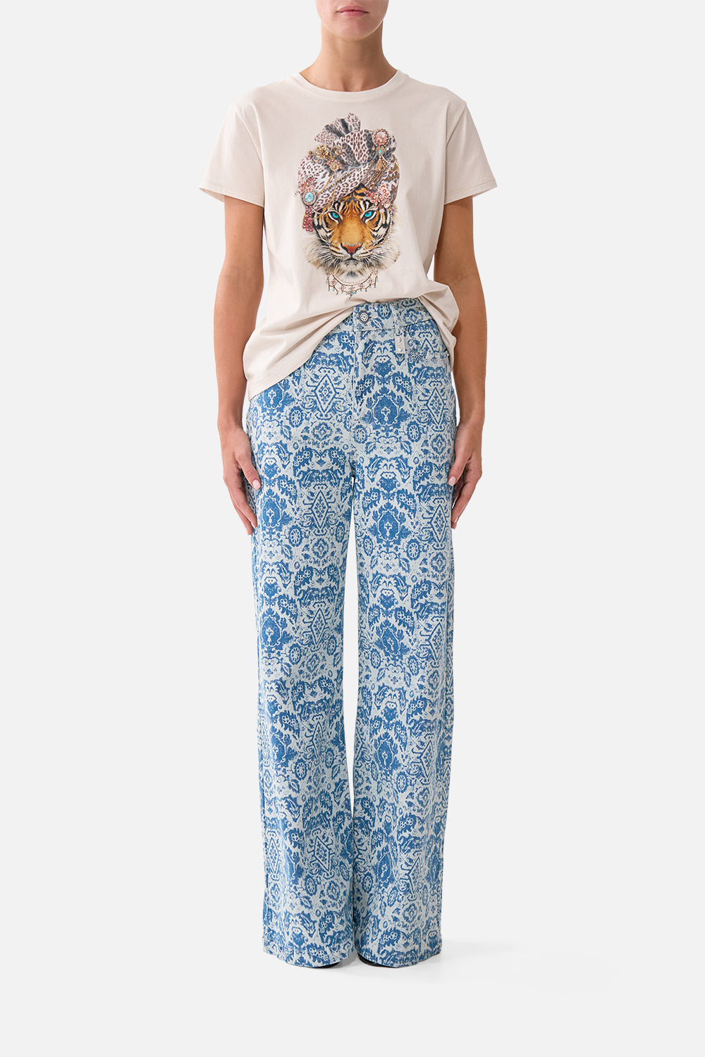 The CAMILLA SHORT SLEEVE CAMP COLLARED SHIRT FLAMENCO EUPHORIA in our  print.