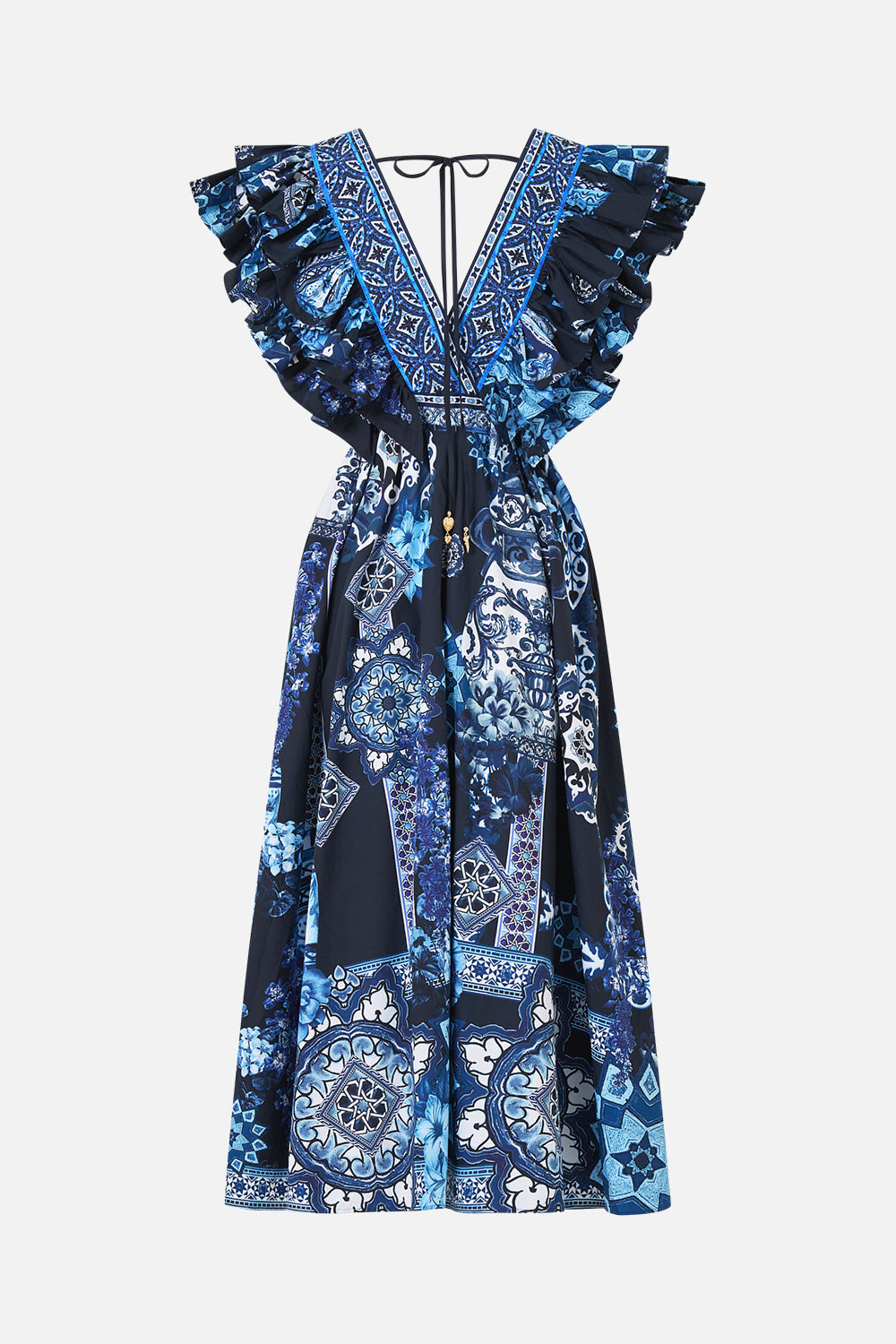 The CAMILLA RUFFLE HEM TIE FRONT MIDI DRESS CERAMIC PANORAMIC in our  print.