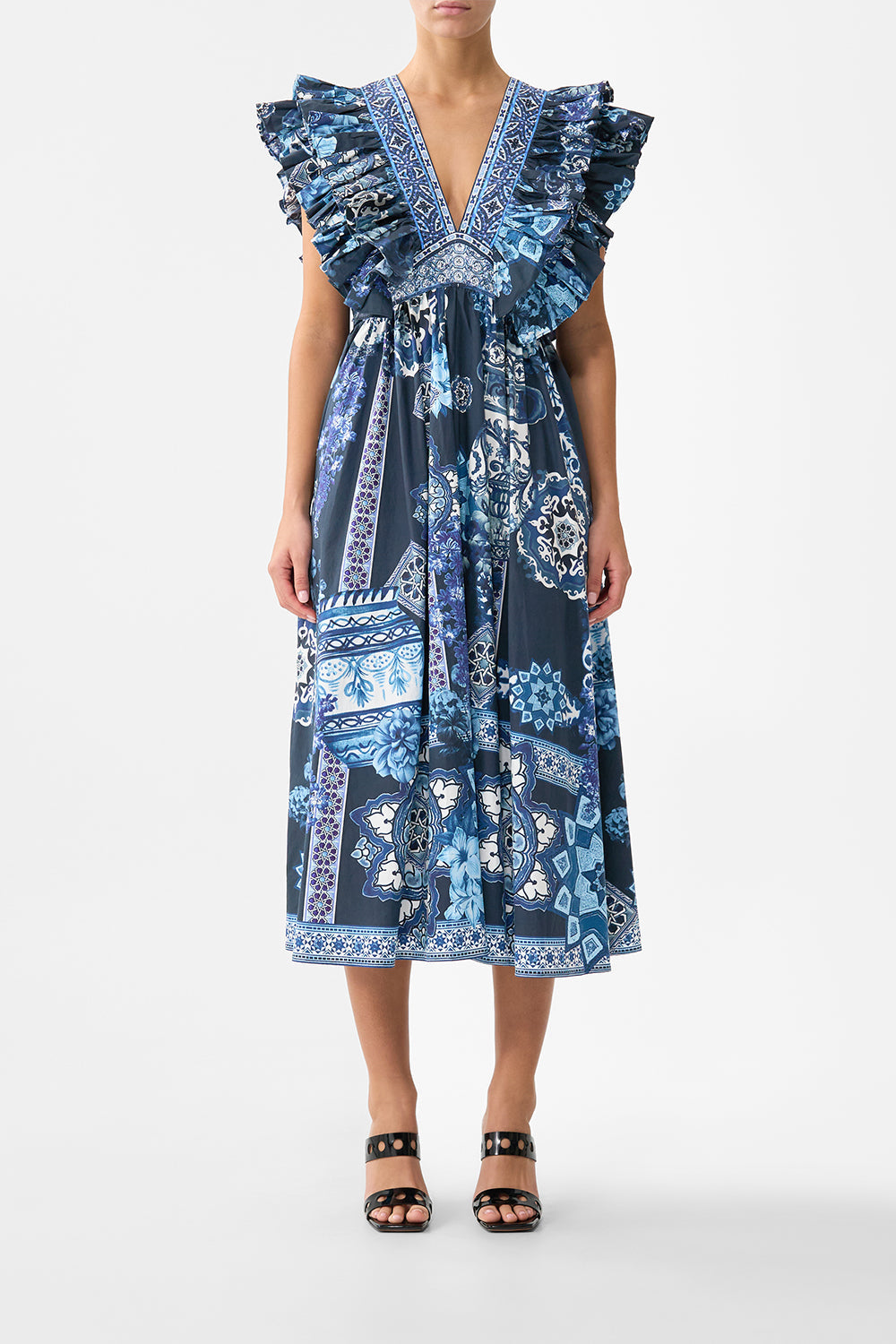The CAMILLA RUFFLE HEM TIE FRONT MIDI DRESS CERAMIC PANORAMIC in our  print.