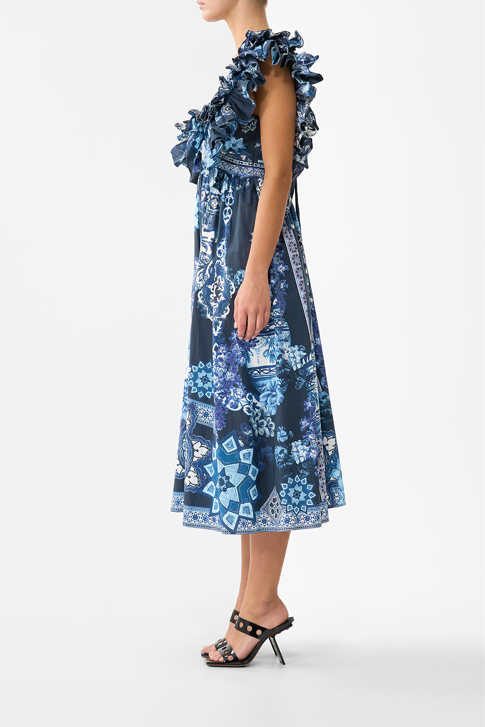 The CAMILLA RUFFLE HEM TIE FRONT MIDI DRESS CERAMIC PANORAMIC in our  print.