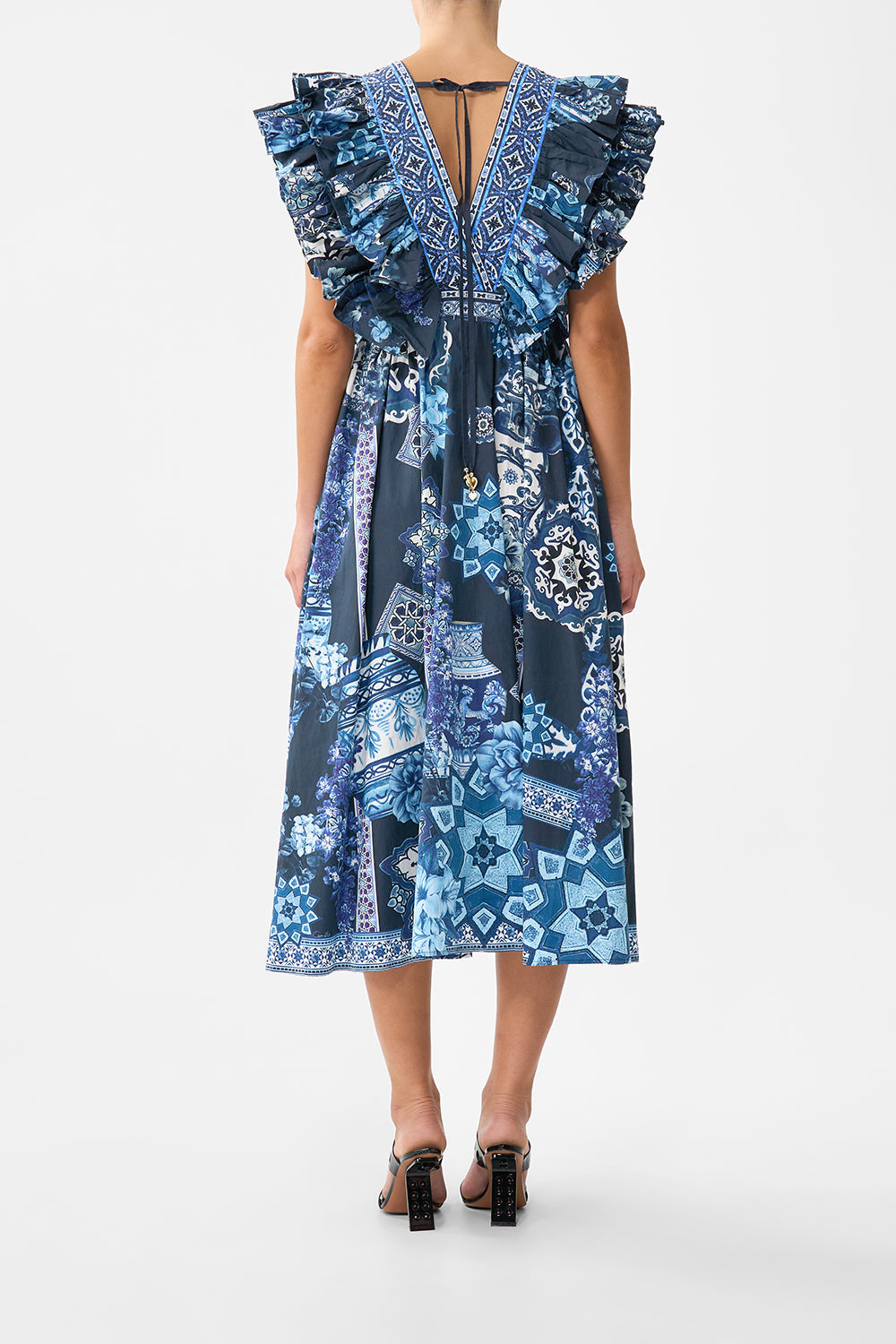 The CAMILLA RUFFLE HEM TIE FRONT MIDI DRESS CERAMIC PANORAMIC in our  print.
