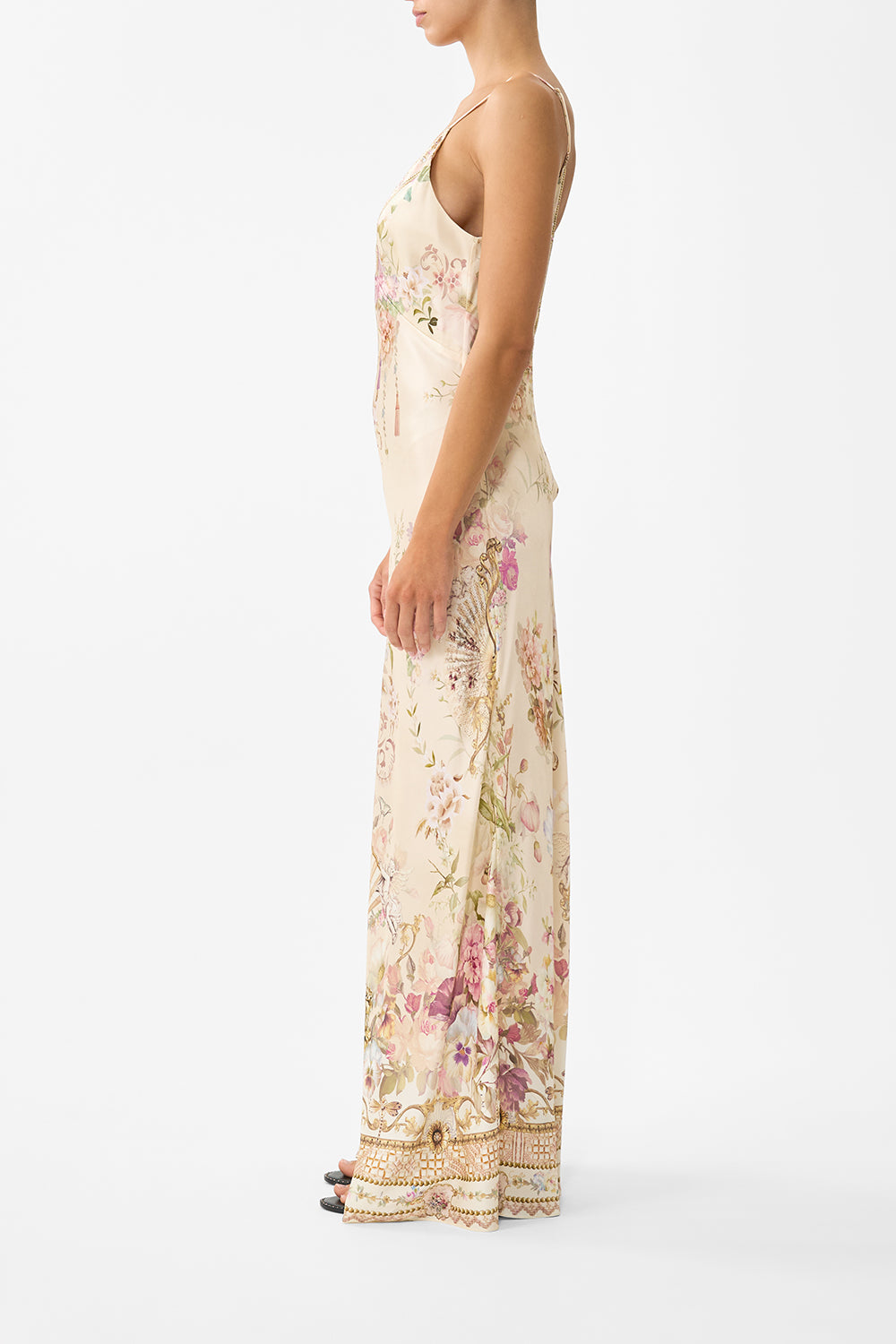 V NECK FULL LENGTH BIAS SLIP DRESS ADORNED IN ARANJUEZ