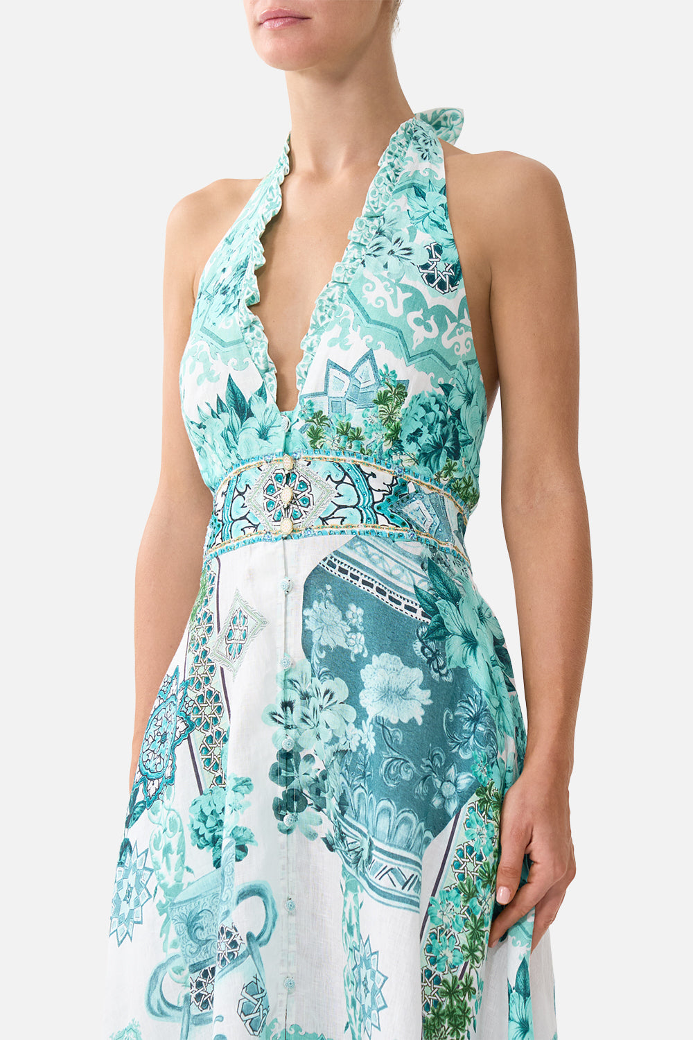 The CAMILLA SHORT SLEEVE CAMP COLLARED SHIRT CERAMIC PANORAMIC in our  print.