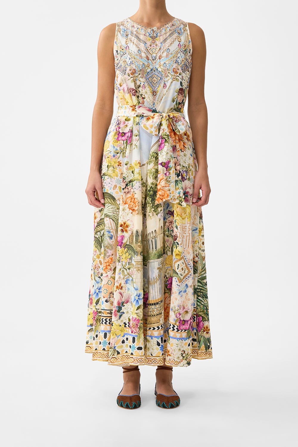 The CAMILLA WAISTED DRESS WITH HEM RUFFLE DIAL UP THE TILES in our  print.