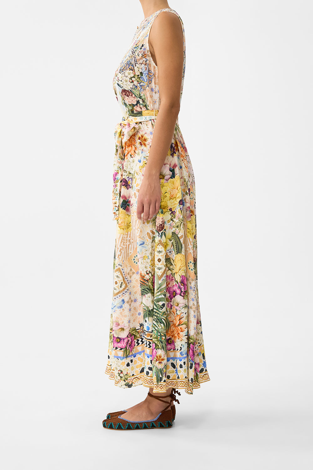 The CAMILLA WAISTED DRESS WITH HEM RUFFLE DIAL UP THE TILES in our  print.