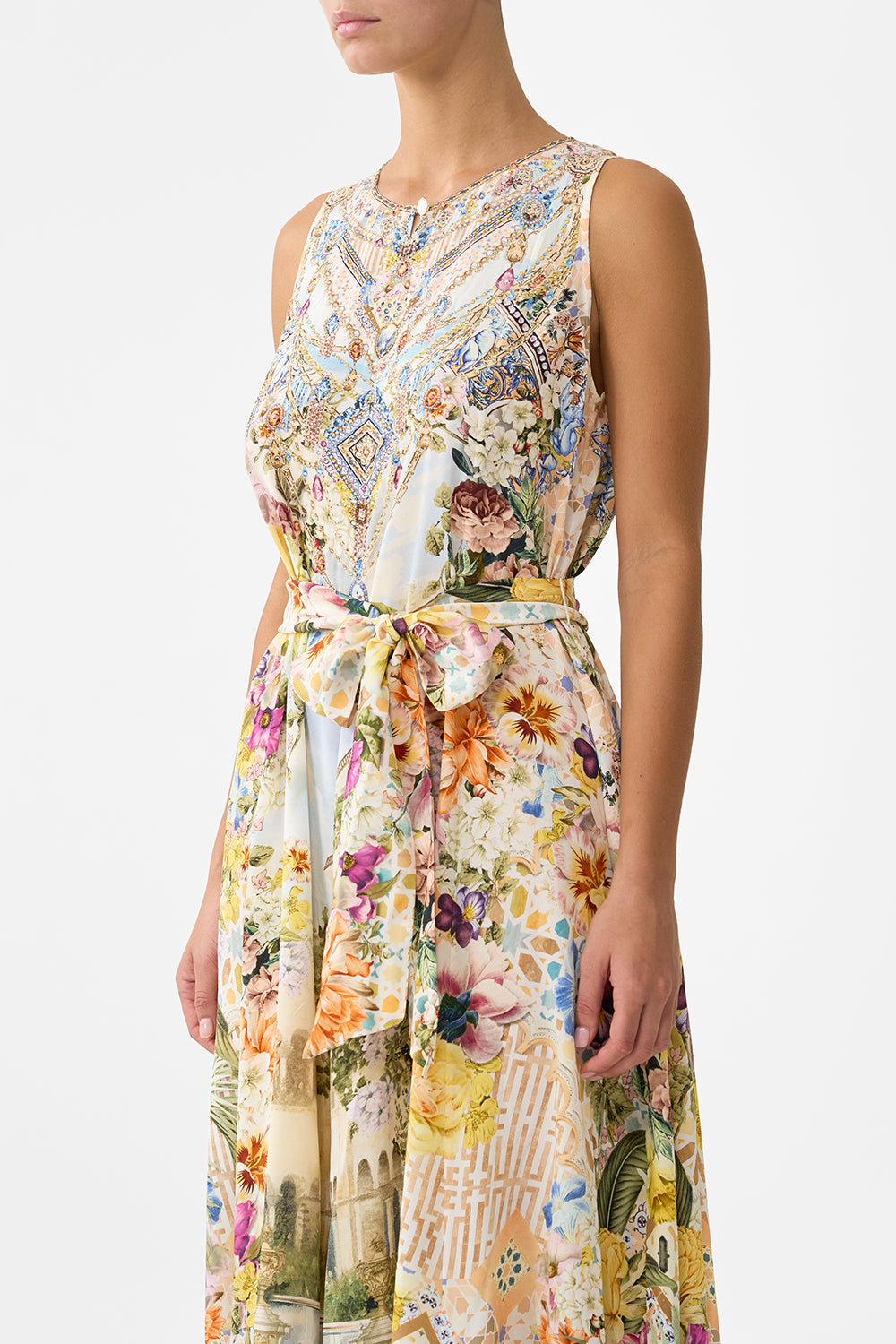 The CAMILLA WAISTED DRESS WITH HEM RUFFLE DIAL UP THE TILES in our  print.