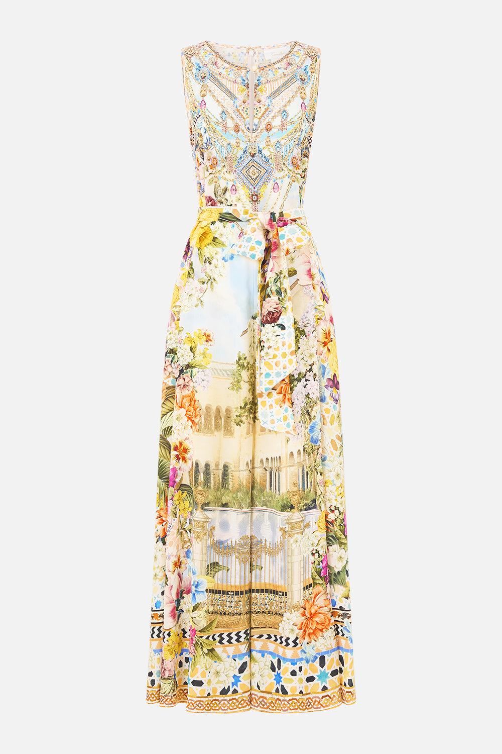 The CAMILLA WAISTED DRESS WITH HEM RUFFLE DIAL UP THE TILES in our  print.