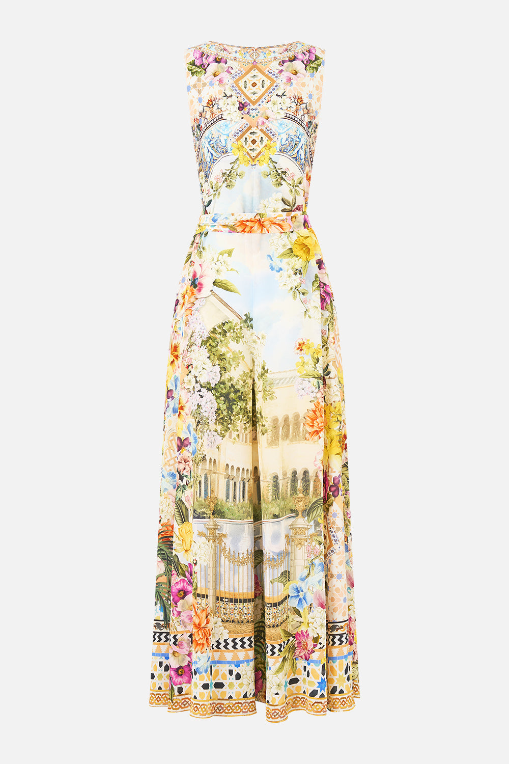 The CAMILLA WAISTED DRESS WITH HEM RUFFLE DIAL UP THE TILES in our  print.