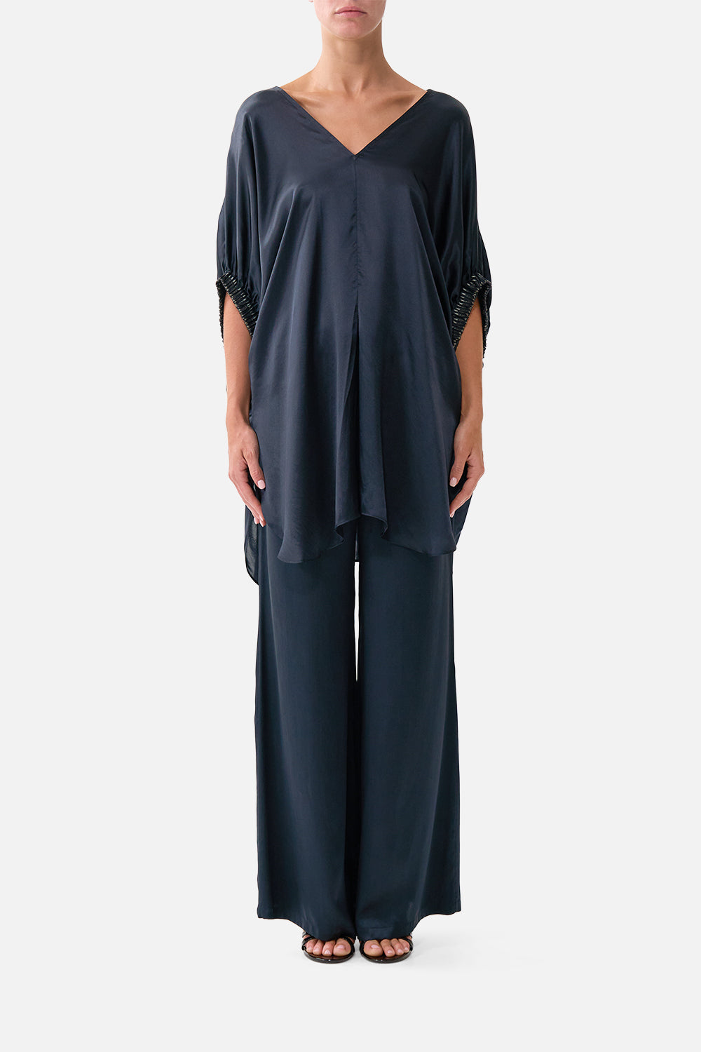 The CAMILLA V NECK SLIP DRESS WITH FLOUNCE HEM TORERO LIBERTINE in our  print.
