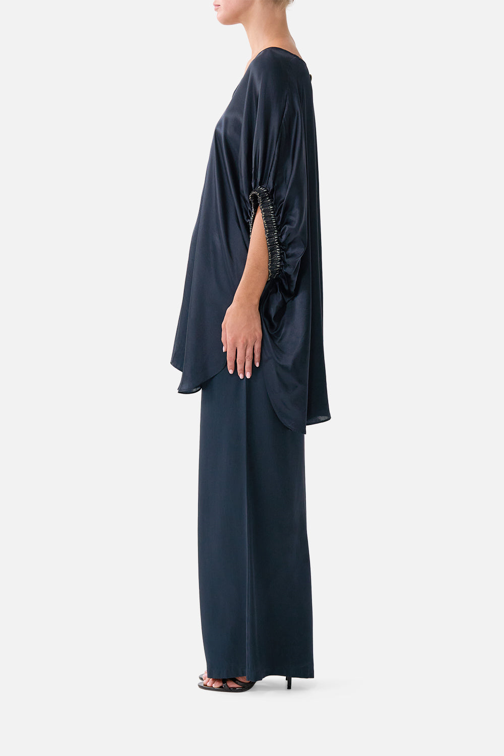 The CAMILLA V NECK SLIP DRESS WITH FLOUNCE HEM TORERO LIBERTINE in our  print.