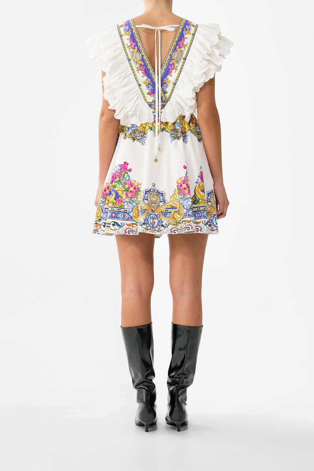 The CAMILLA SHORT WAIST TIE SHIRT DRESS FLAMENCO FOLKLORE in our  print.