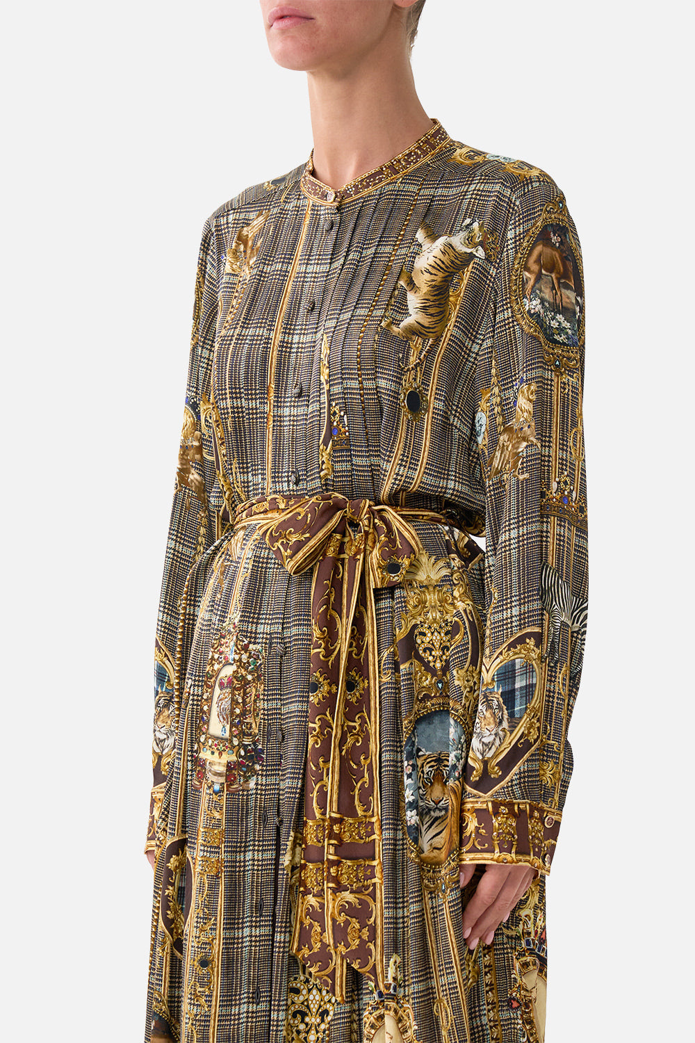 The CAMILLA Midi Shirt Dress with Pintucks Animals in the Palace in our Animals in the Palace print.
