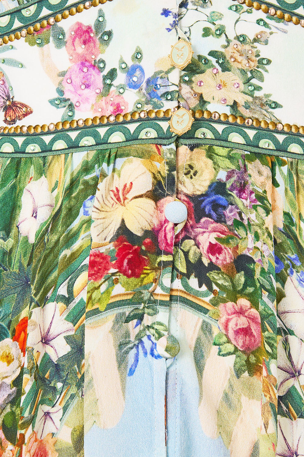 The CAMILLA BUTTON FRONT MIDI SHIRT DRESS DANDELION SKIES in our  print.