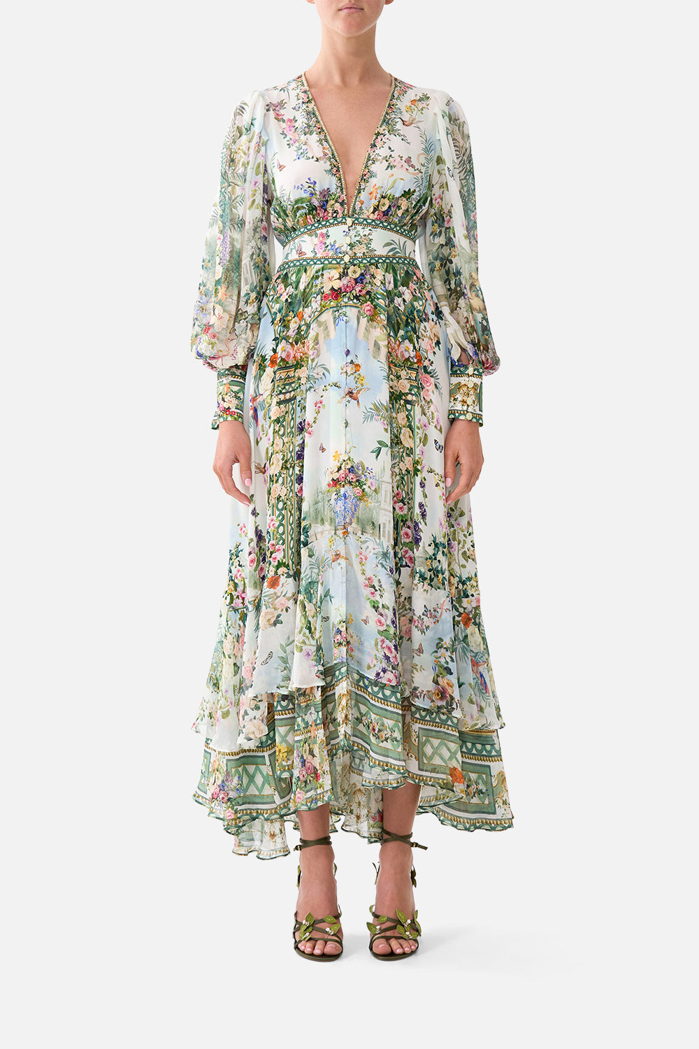 The CAMILLA BUTTON FRONT MIDI SHIRT DRESS DANDELION SKIES in our DANDELION SKIES print.