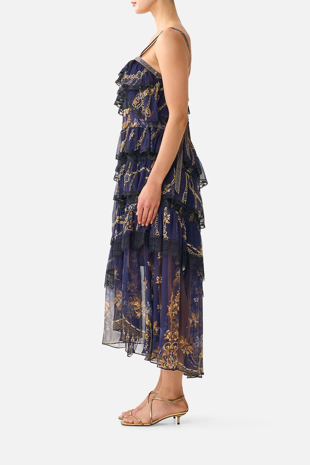 ASYMMETRIC SPLICED LACE DRESS CLOAKED IN BAROQUE