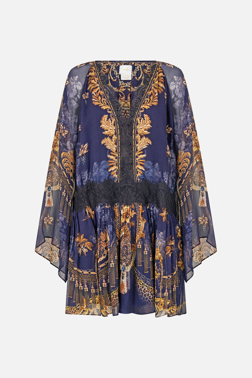 The CAMILLA Relaxed Short Dress with Dropped Waist in our Cloaked in Baroque print, front view.