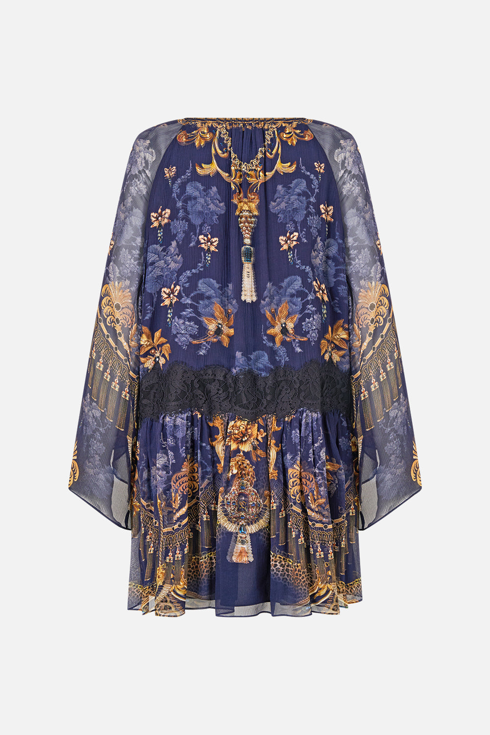 The CAMILLA Relaxed Short Dress with Dropped Waist in our Cloaked in Baroque print, back view.