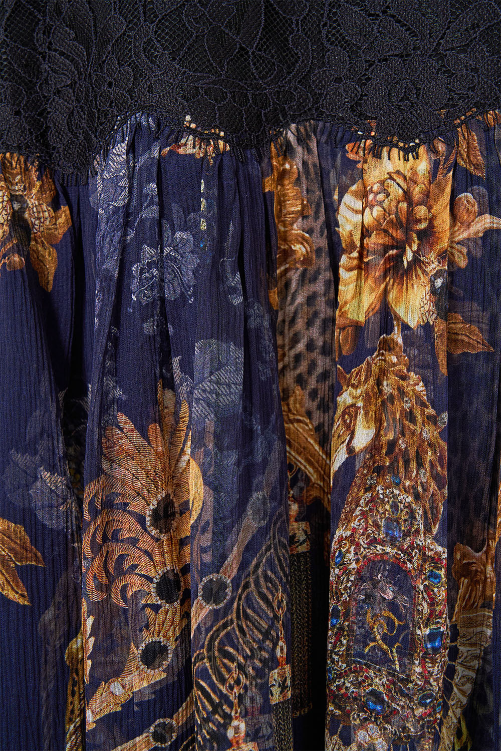 The CAMILLA Relaxed Short Dress with Dropped Waist in our Cloaked in Baroque print, fabric detail.