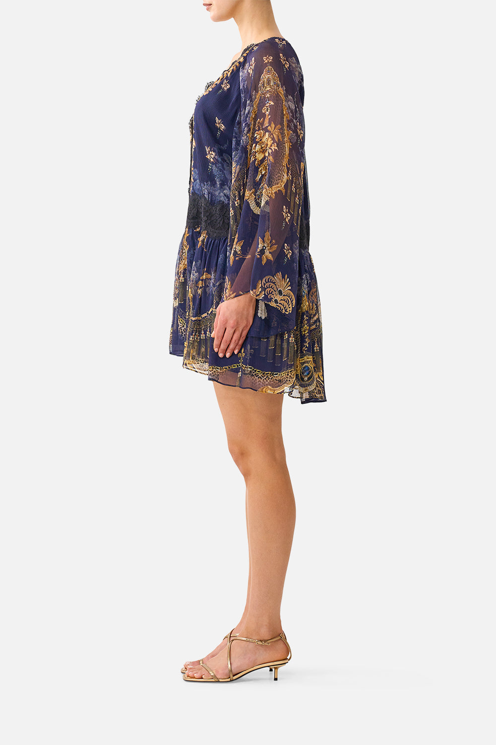 The CAMILLA Relaxed Short Dress with Dropped Waist in our Cloaked in Baroque print, side view on model.