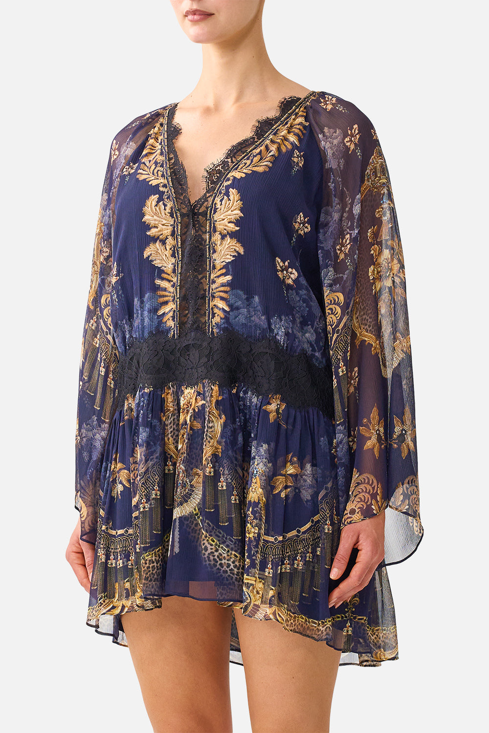 The CAMILLA Relaxed Short Dress with Dropped Waist in our Cloaked in Baroque print, detail view on model.