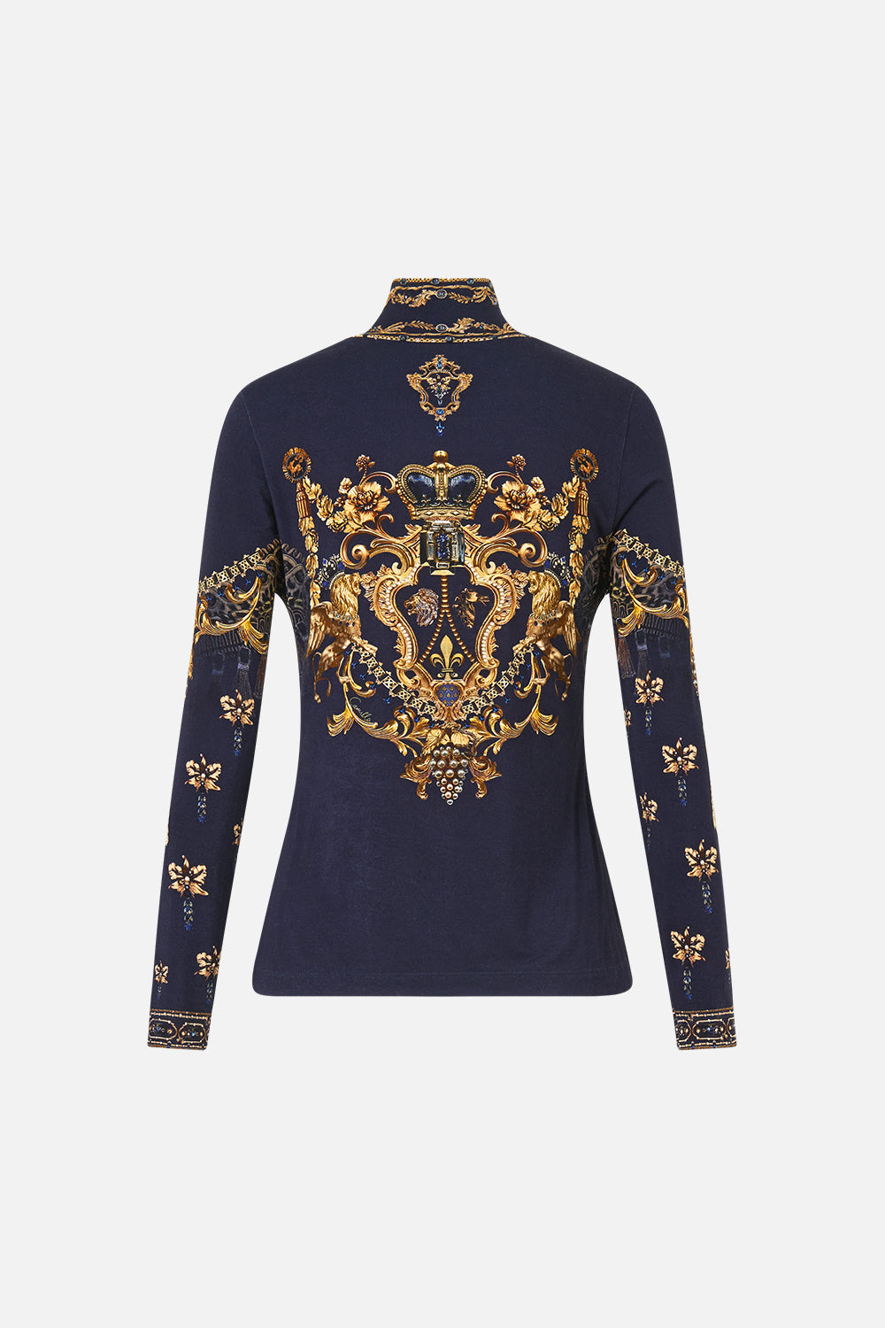 The CAMILLA Jersey Turtleneck in our Cloaked in Baroque print, front view.