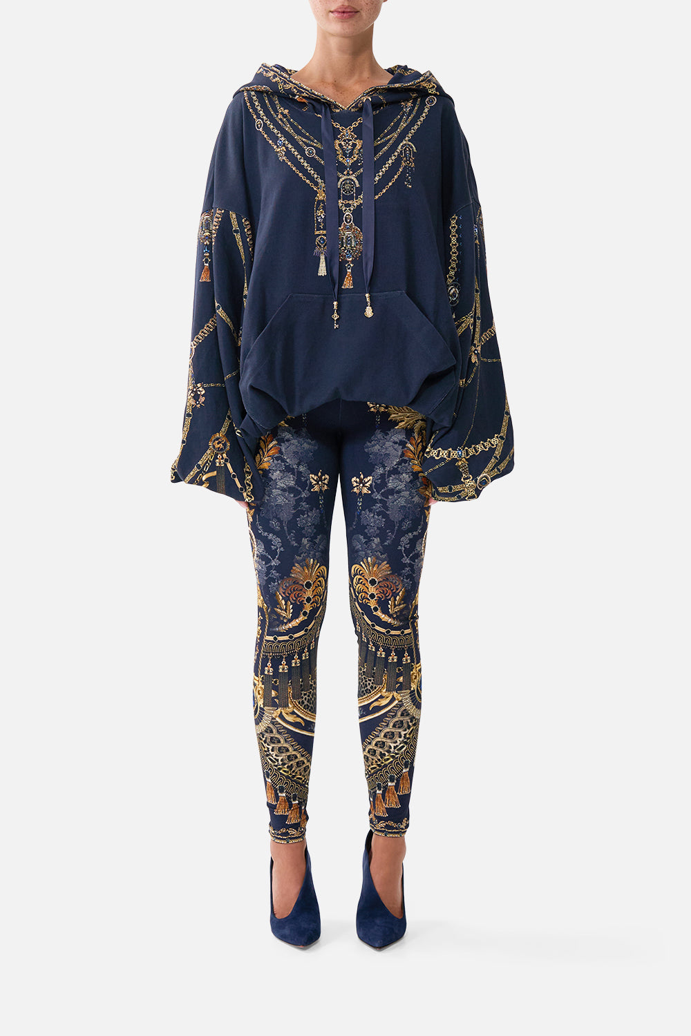 The CAMILLA Leggings in our Cloaked in Baroque print, front view on model.
