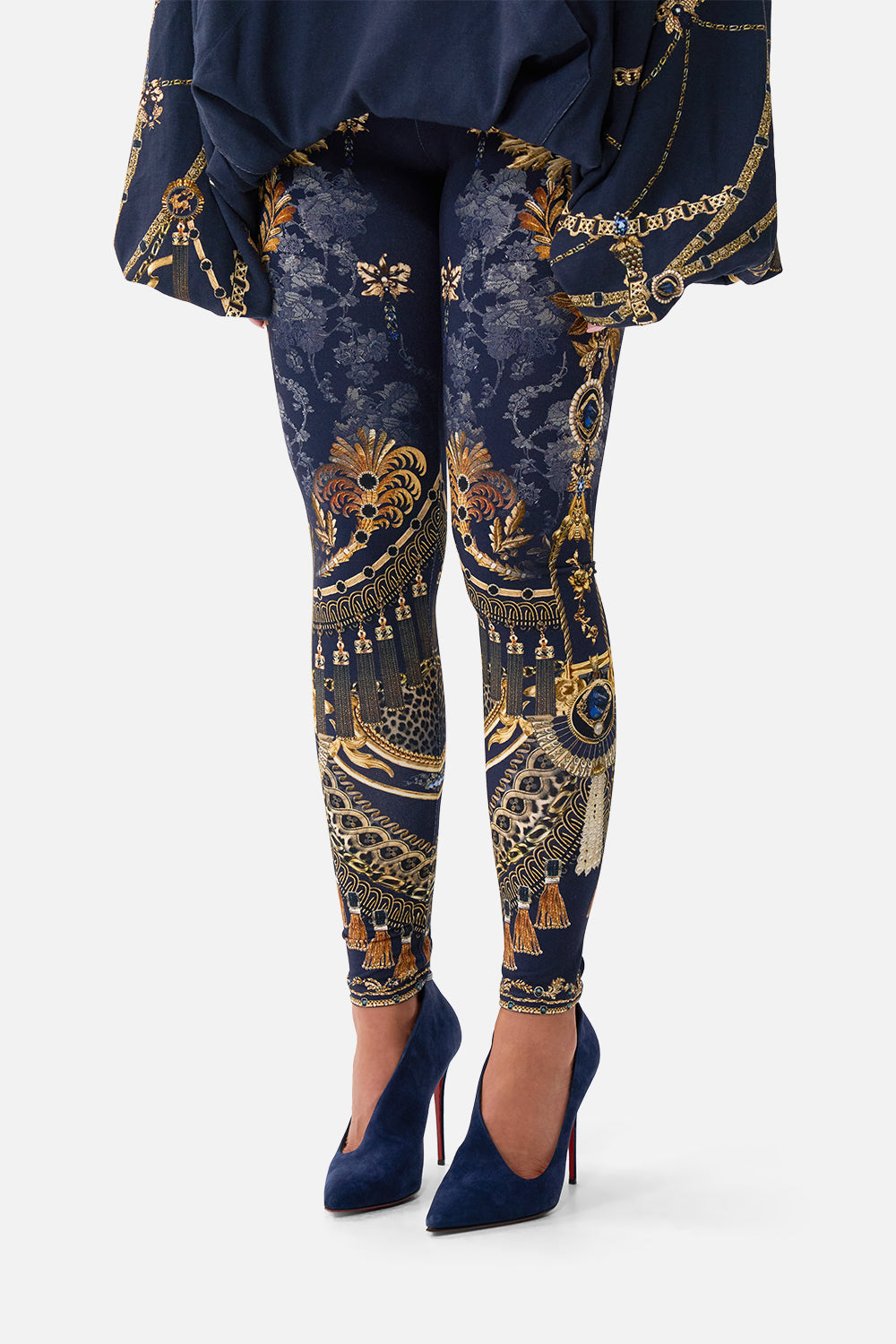 The CAMILLA Leggings in our Cloaked in Baroque print, detail view on model.