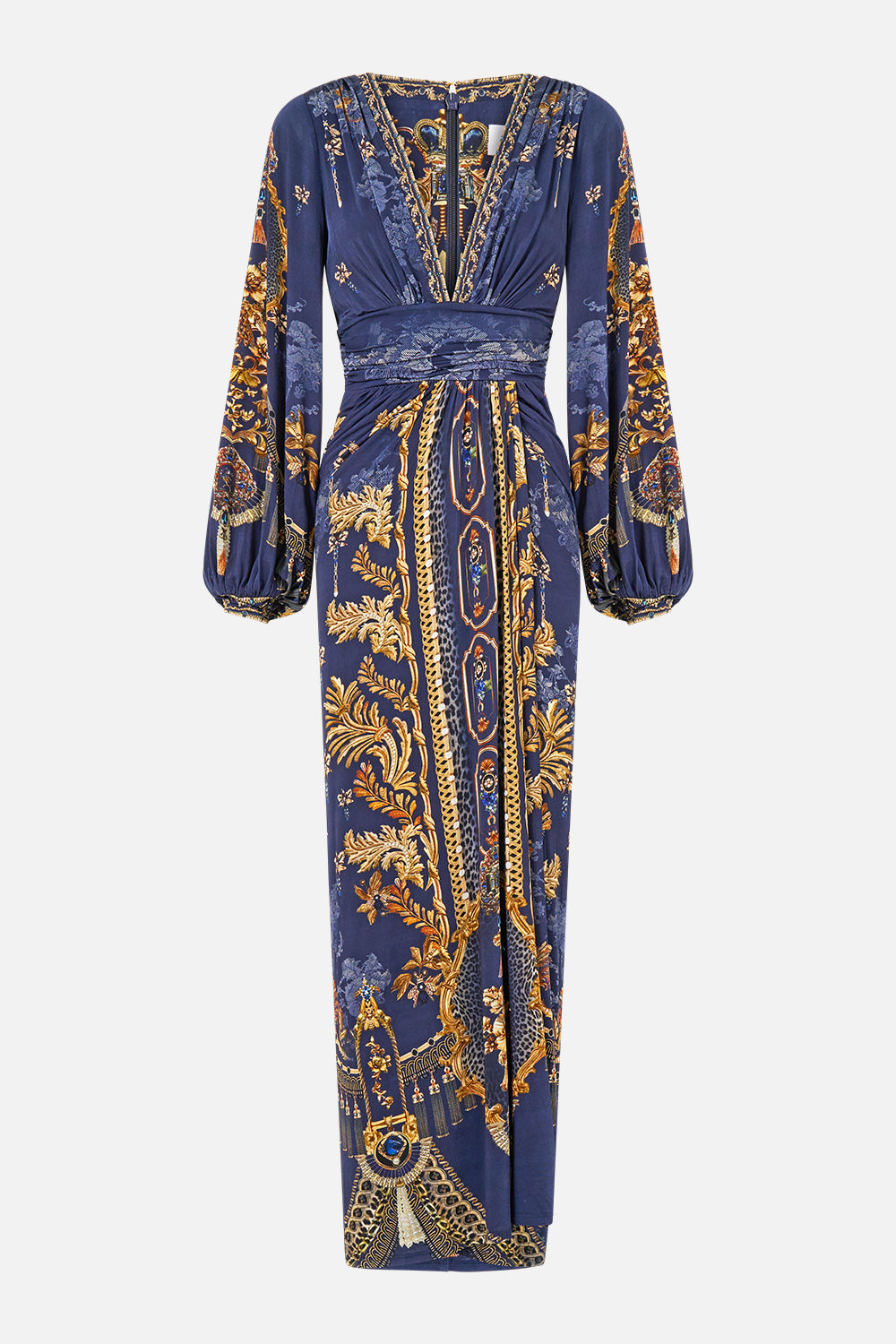 The CAMILLA Waisted Draped Jersey Dress in our Cloaked in Baroque print, front view.