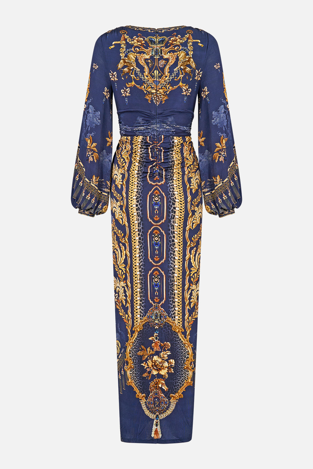 WAISTED DRAPED JERSEY DRESS CLOAKED IN BAROQUE