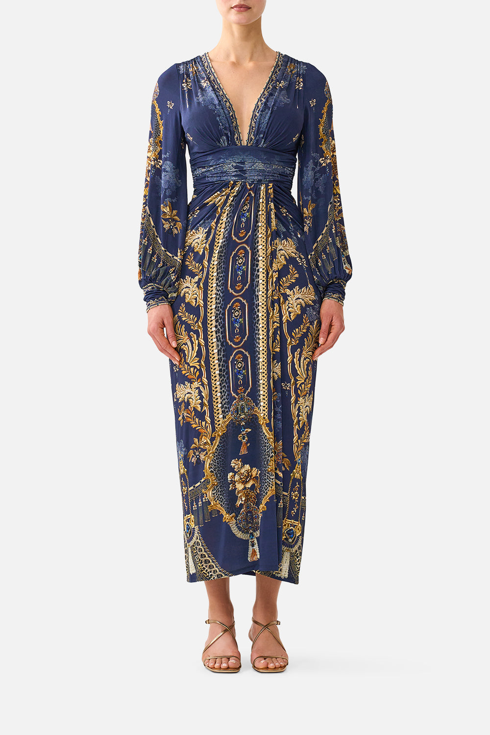 WAISTED DRAPED JERSEY DRESS CLOAKED IN BAROQUE