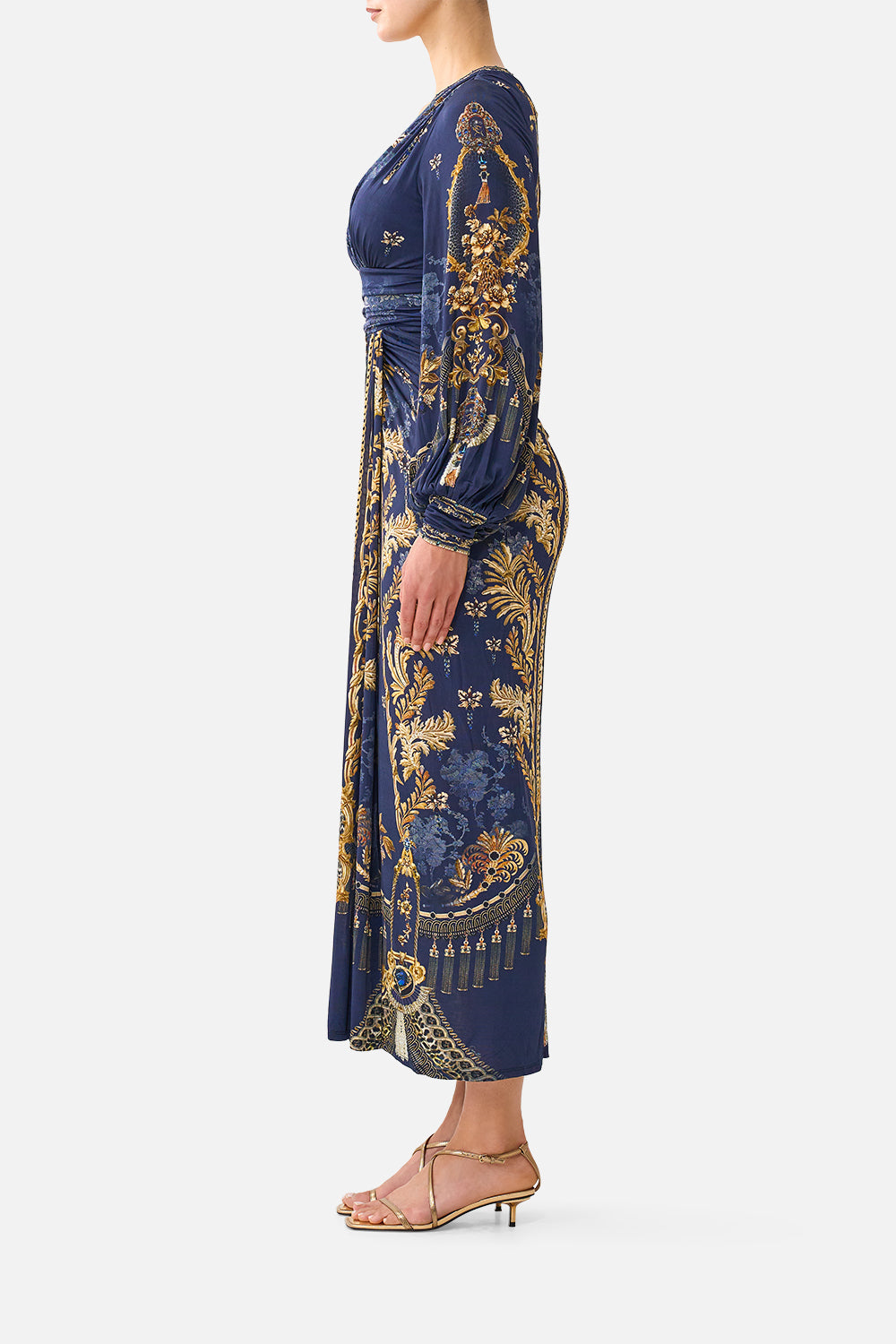The CAMILLA Waisted Draped Jersey Dress in our Cloaked in Baroque print, side view on model.