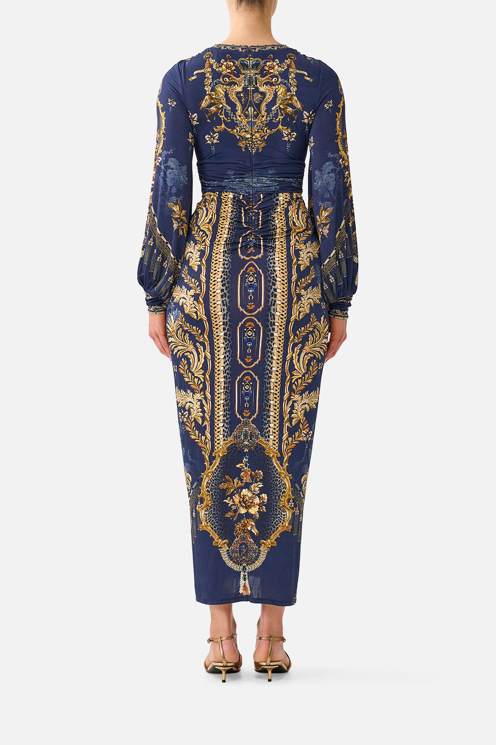 The CAMILLA Waisted Draped Jersey Dress in our Cloaked in Baroque print, back view on model.