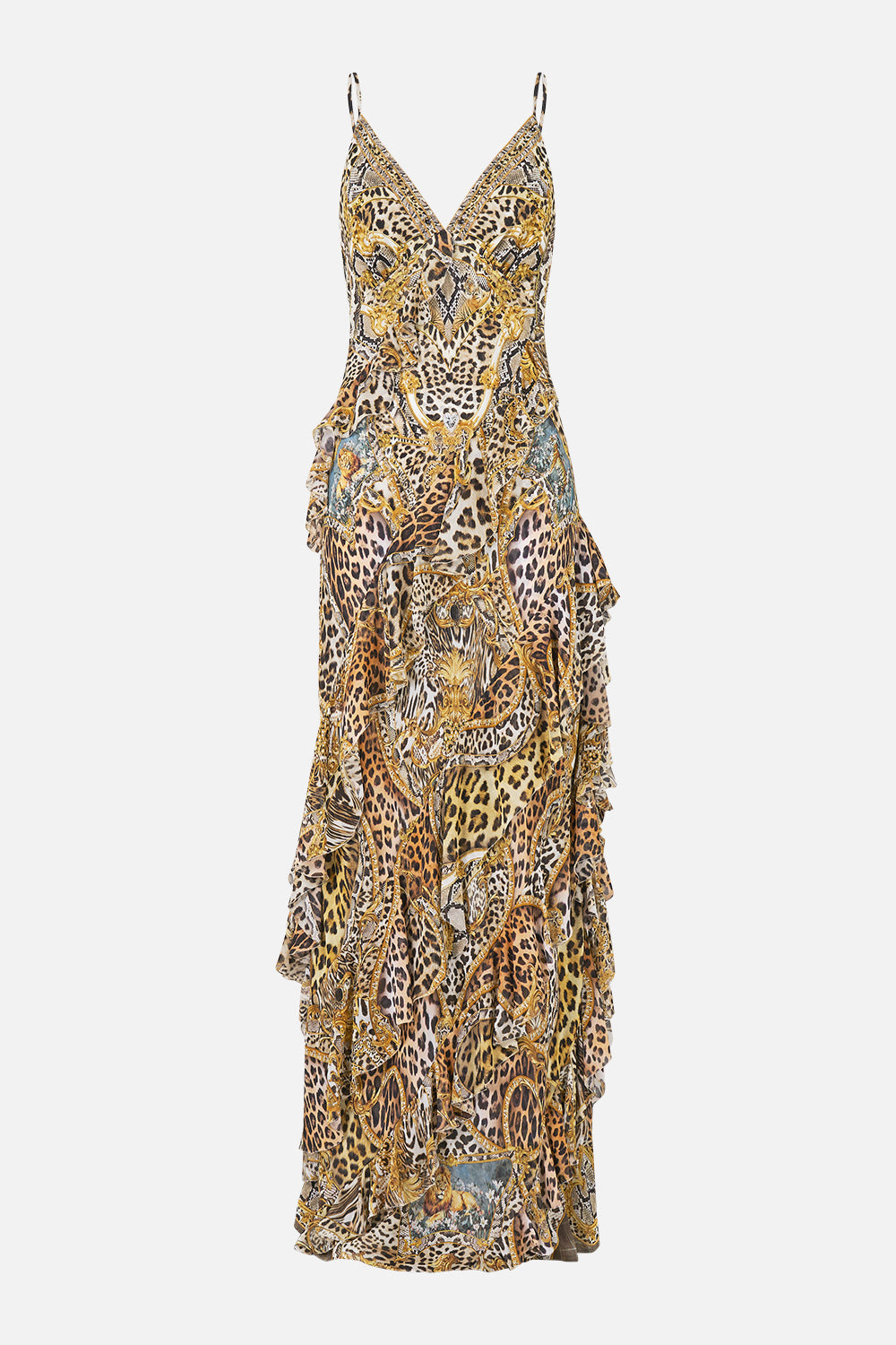 The CAMILLA ASYMMETRICAL RUFFLE SLIP DRESS LEOPARD LIBERTINE
