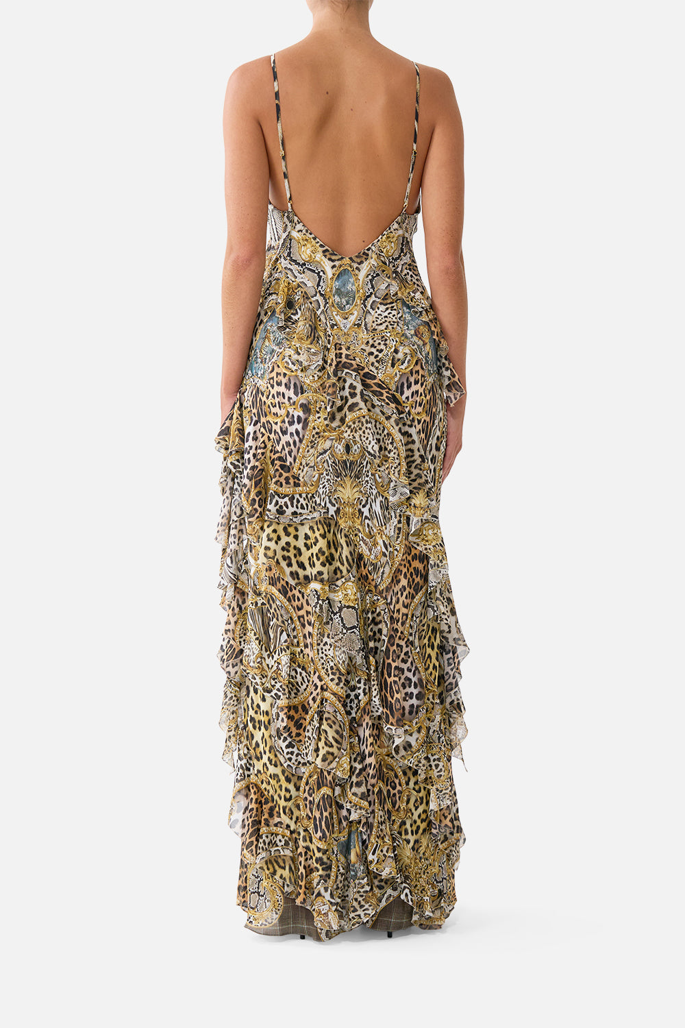 The CAMILLA ASYMMETRICAL RUFFLE SLIP DRESS LEOPARD LIBERTINE